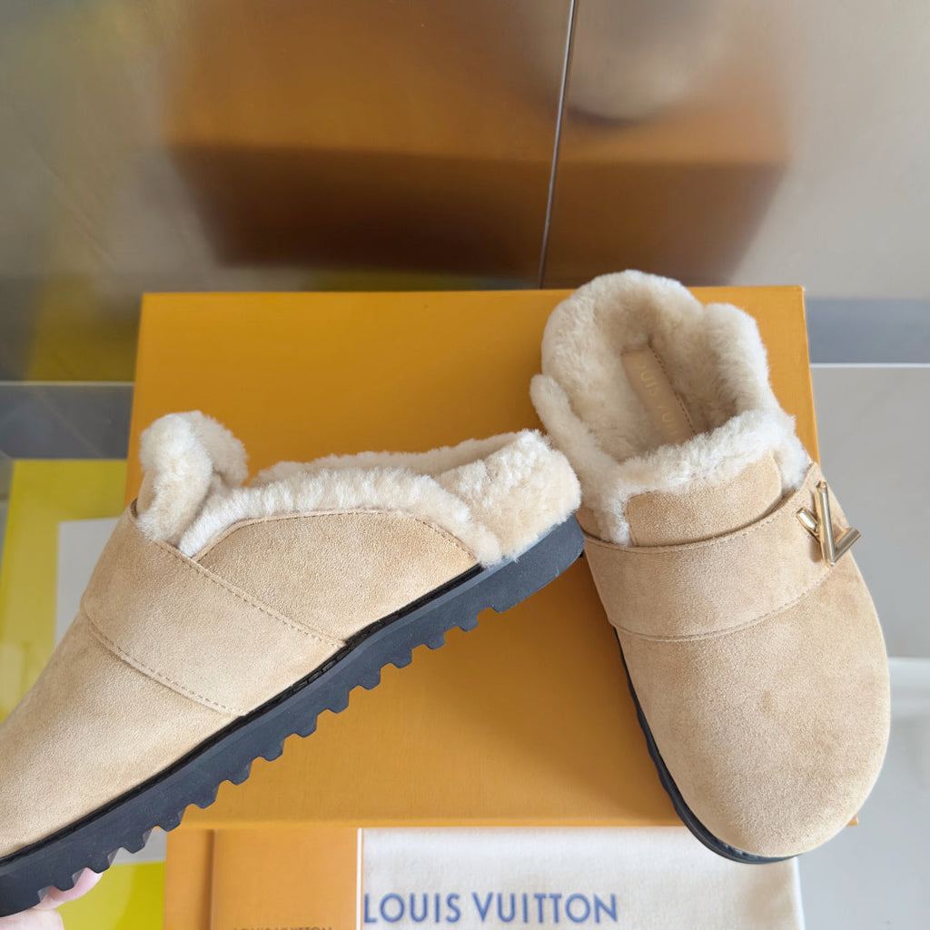 LV 25 Birkenstock Platform Slippers Light Beige Suede Wool 576218