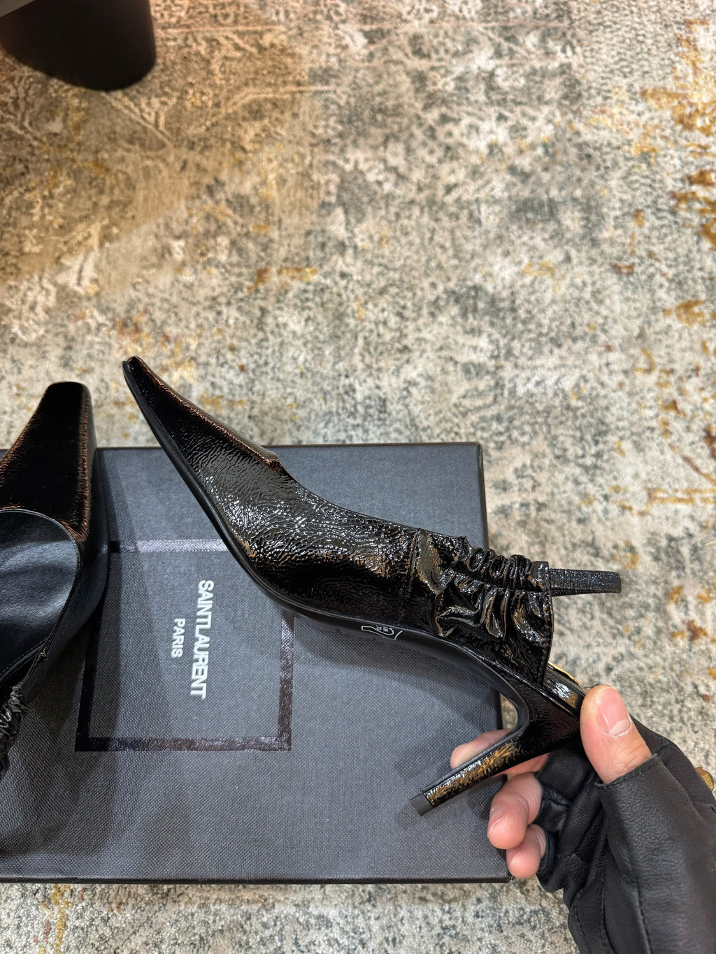 YSL Anne-Marie Slingback 8cm Black Glossy Sheepskin 637224
