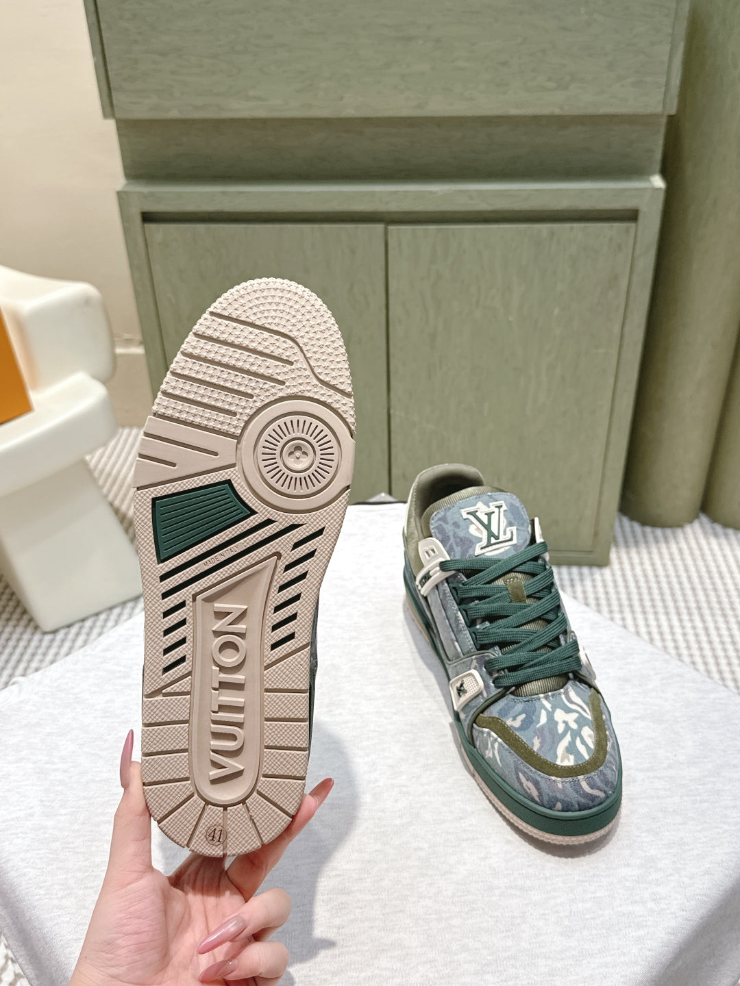 LV Trainer Sneakers Dark Oliver Monogram Denim 515188.
