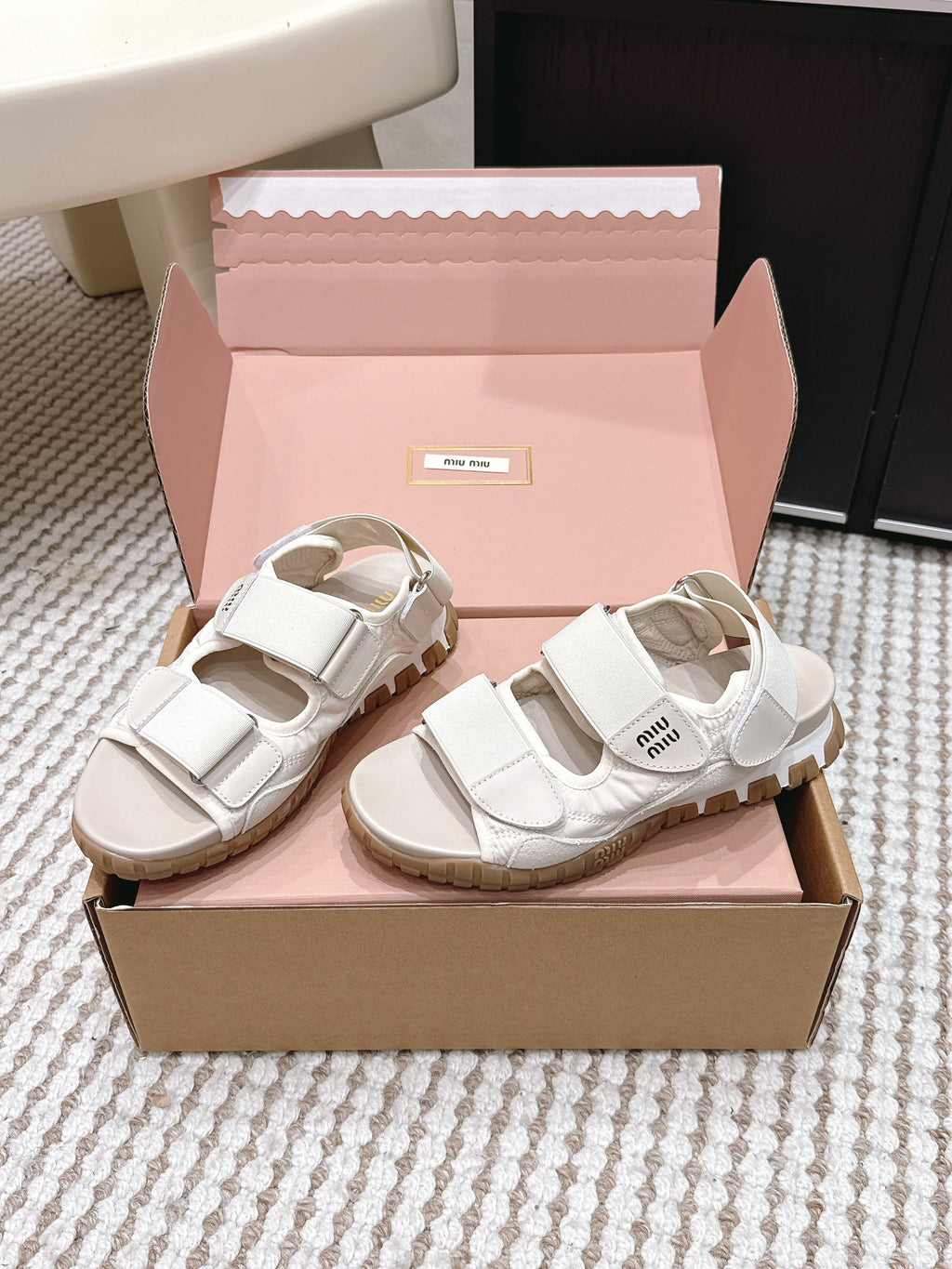 Miu 26s Velcro Sandals Ivory Nylon Suede 632330