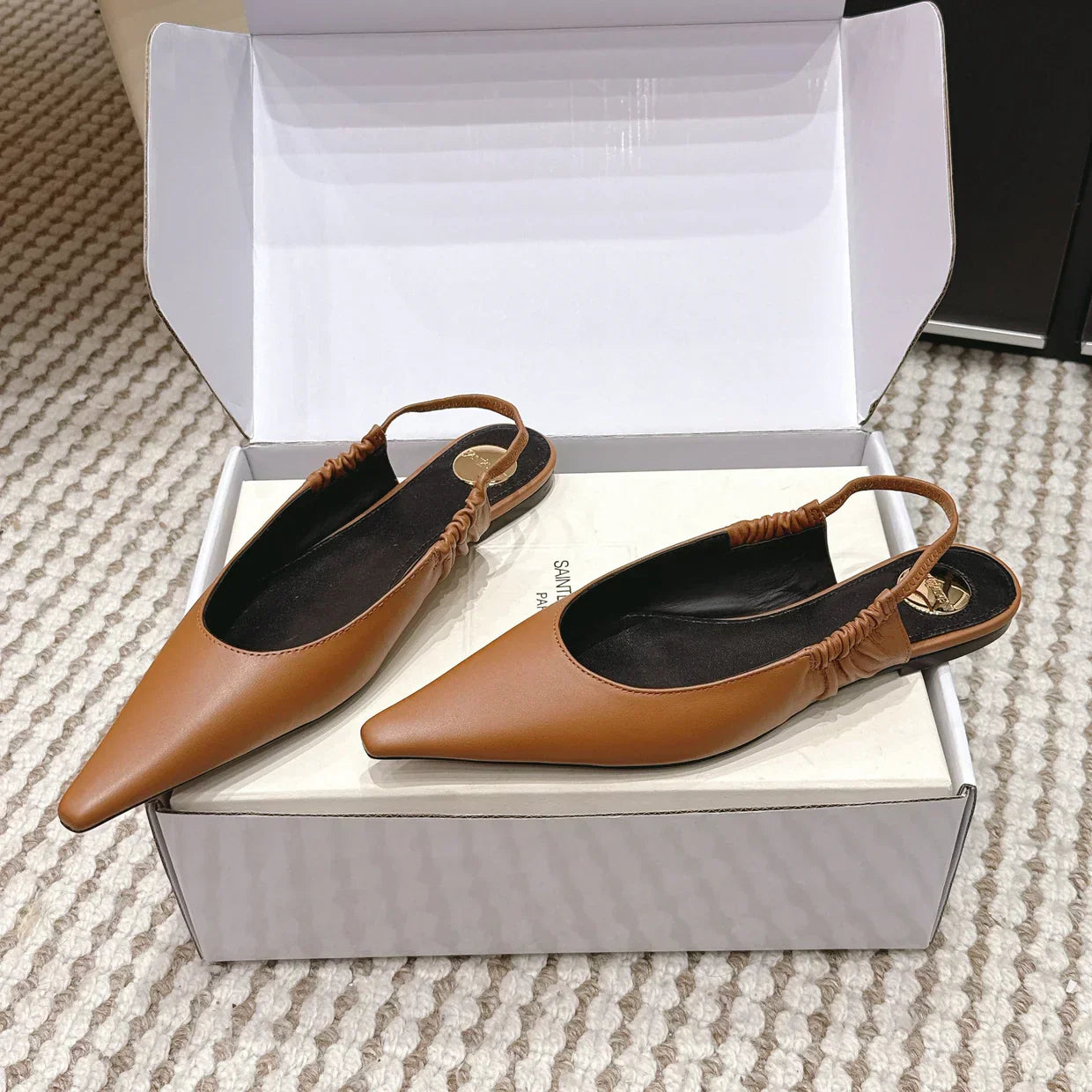 YSL 26ss Flat Slingback Camel Brown Sheepskin 654712