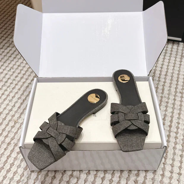 YSL 26ss Flat Slippers Dark Gray Denim Leather 654728