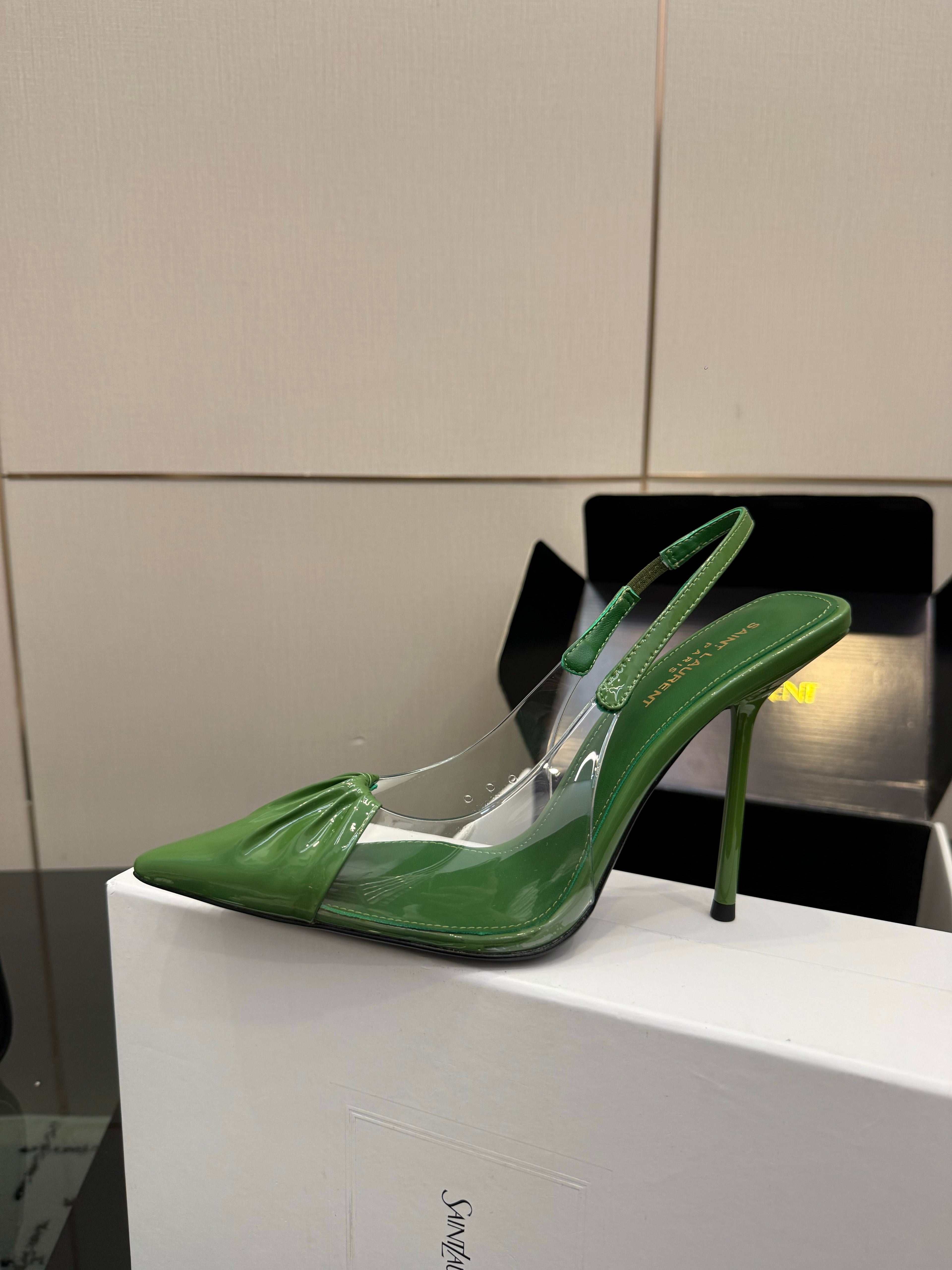YSL Chica Slingback 10.5cm Green Leather 828240