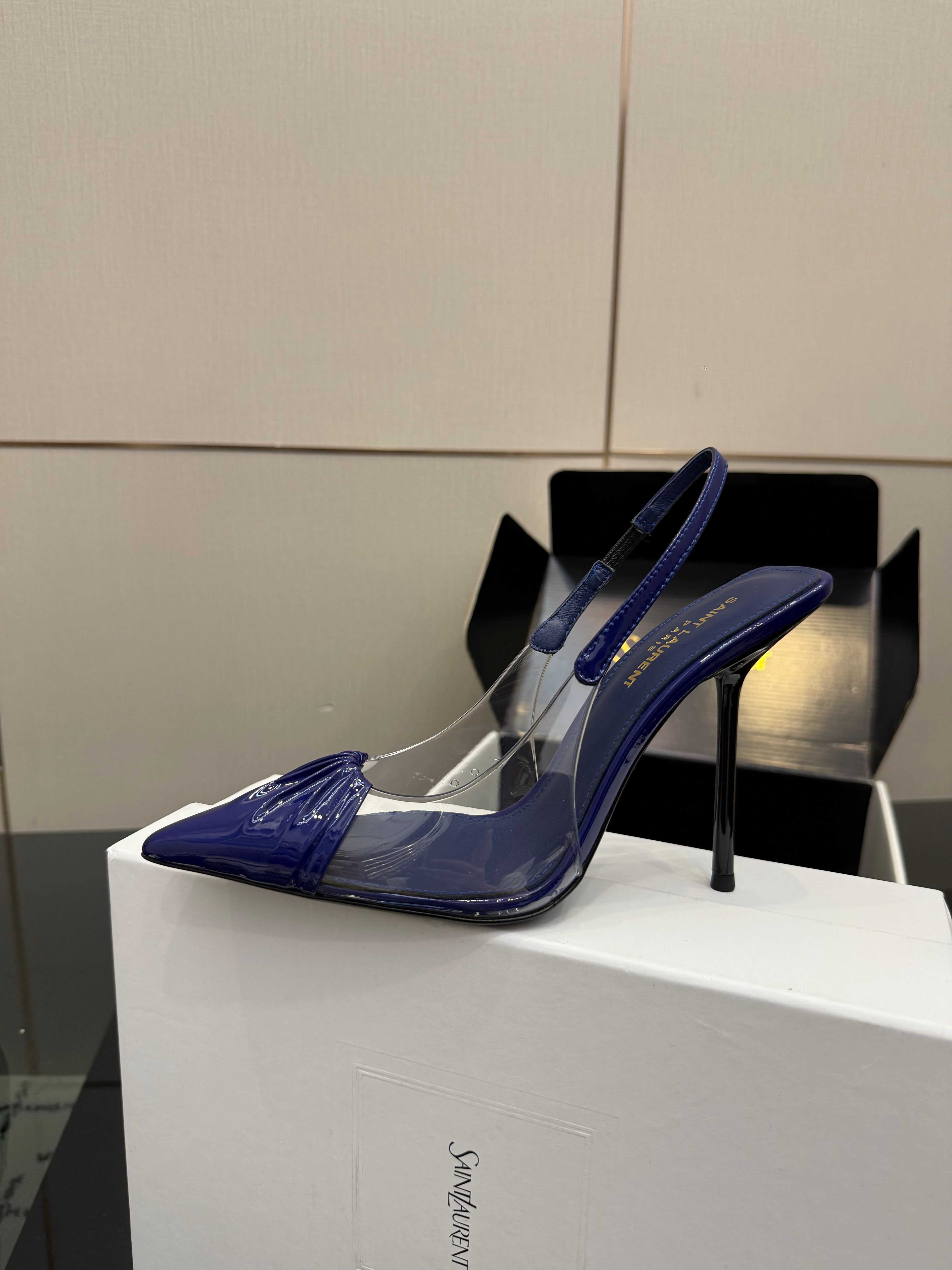 YSL Chica Slingback 10.5cm Blue Leather 828243