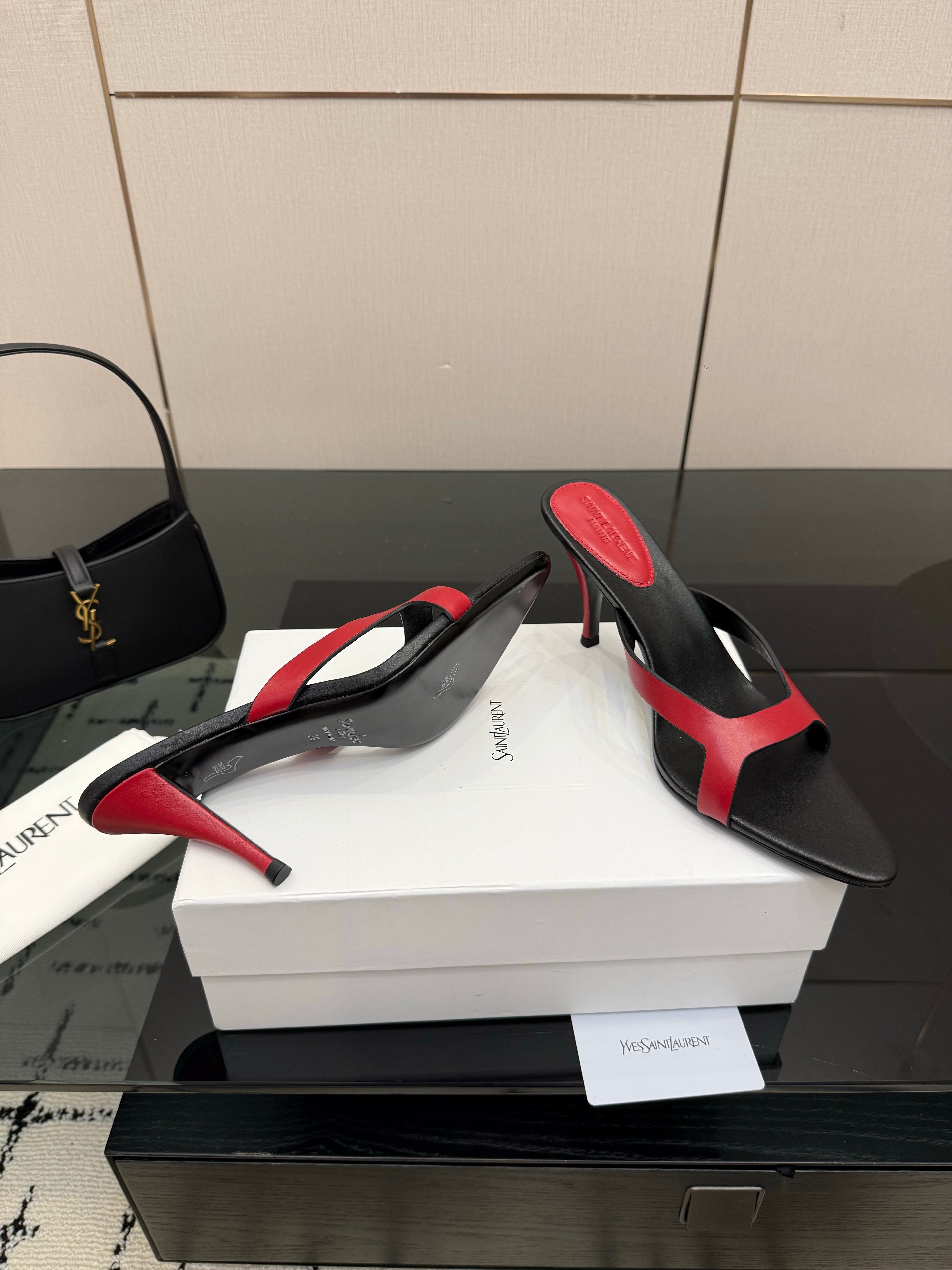 YSL Sandal 9cm Black Red Cowhide 828247