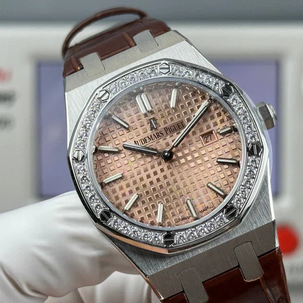 Audemars Piguet Royal 33mm Pink Gold Dial Diamond Bezel Crocodile Leather