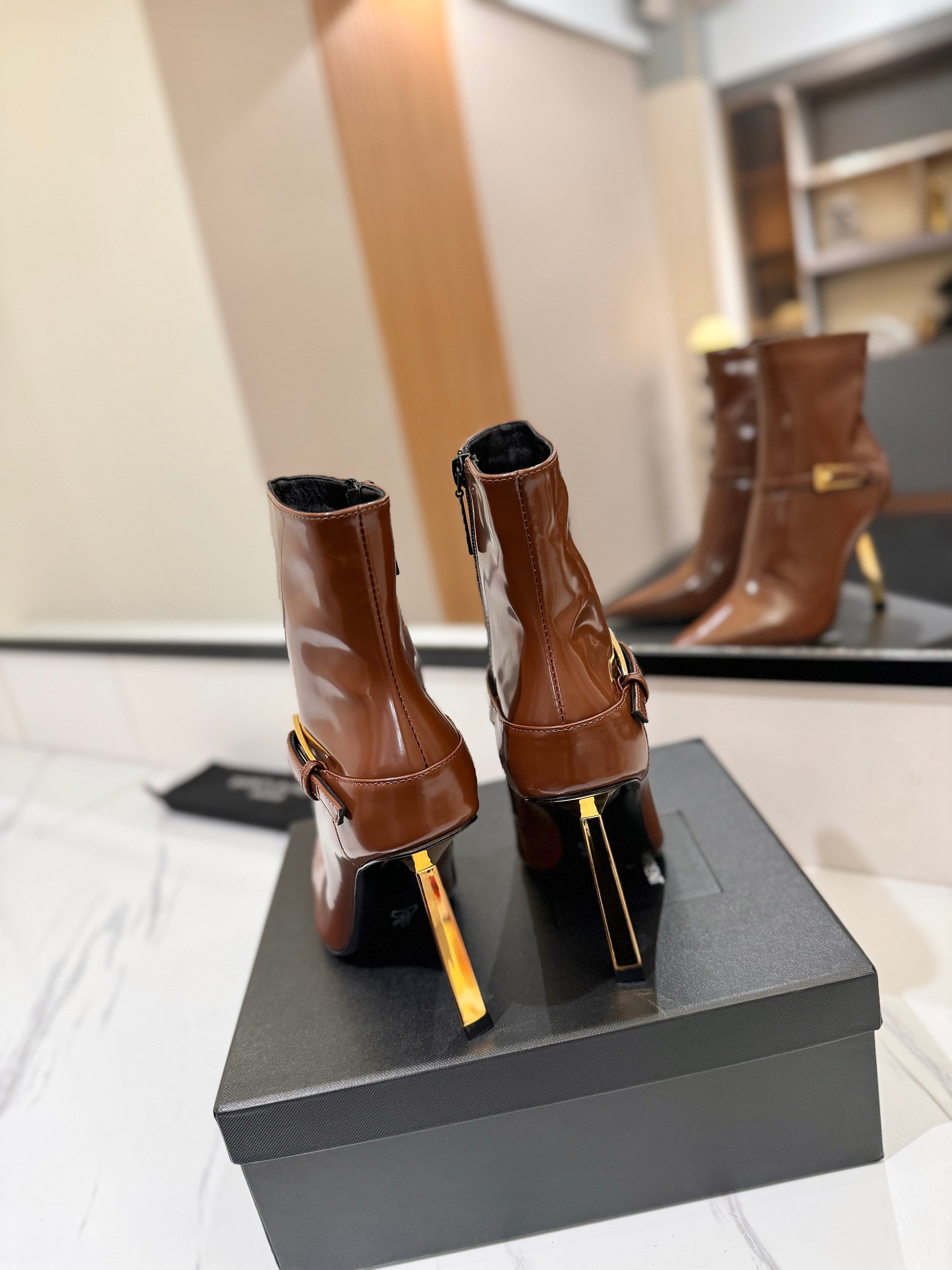 YSL 25 Metal Stiletto Martin Boots Brown Gold Cowhide 520780