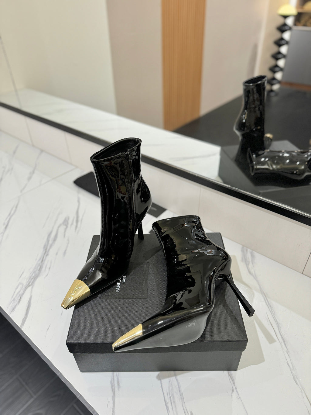 YSL 25 Metal Toe Short Boot Black Gold Patent Leather 520788