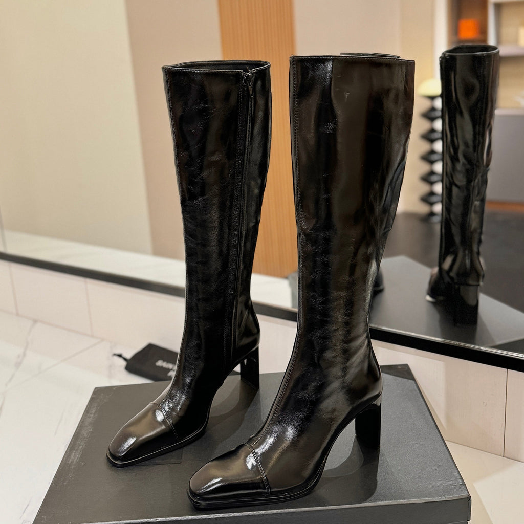 YSL 25 Zipper Sleeve Boot Black Patent Cowhide 520791