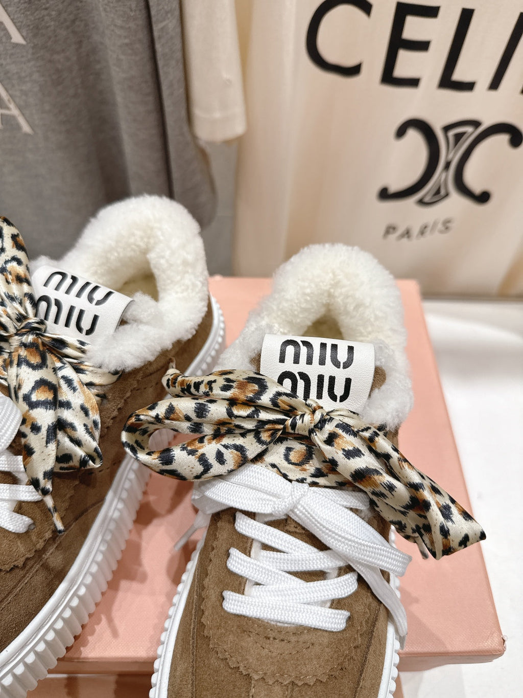 MiuMiu 25 Sneaker Brown White Leopard Suede Wool 535581