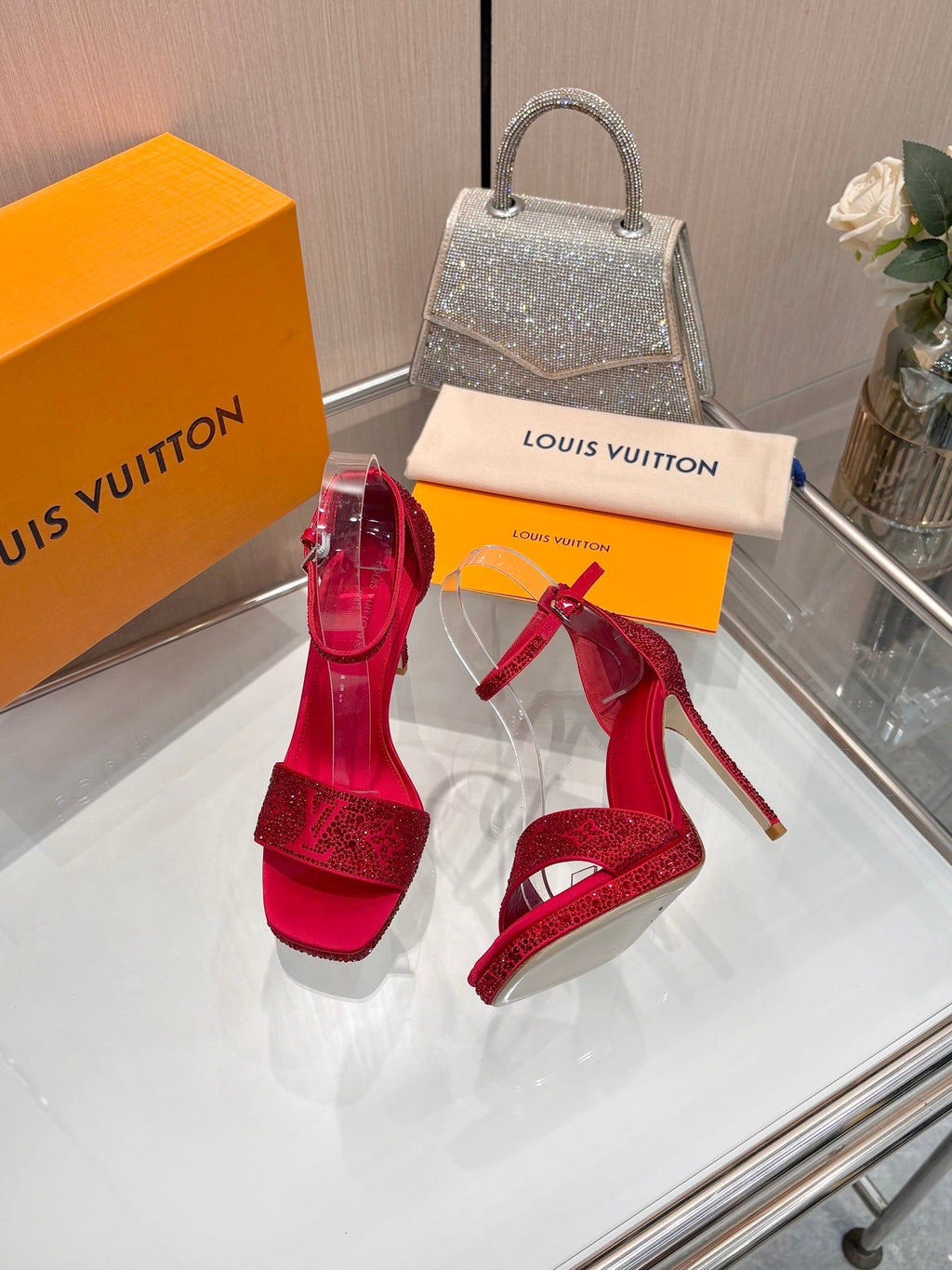 LV Gala Platform Sandal 10.5cm Red Silk 840391