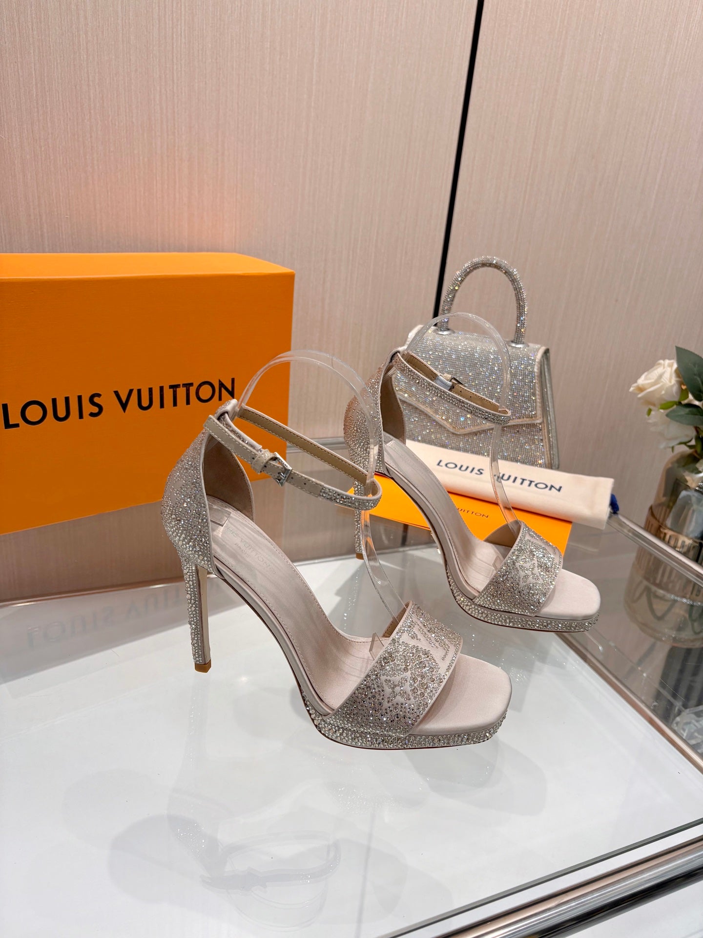LV Gala Platform Sandal 10.5cm Light Taupe Silk 840392