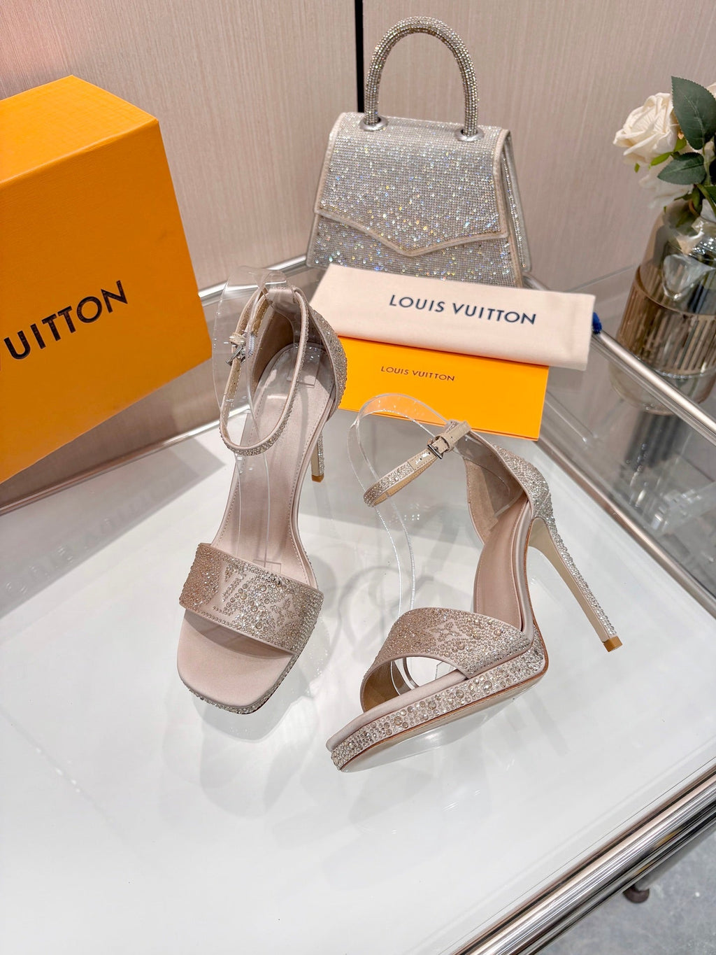 LV Gala Platform Sandal 10.5cm Light Taupe Silk 840392