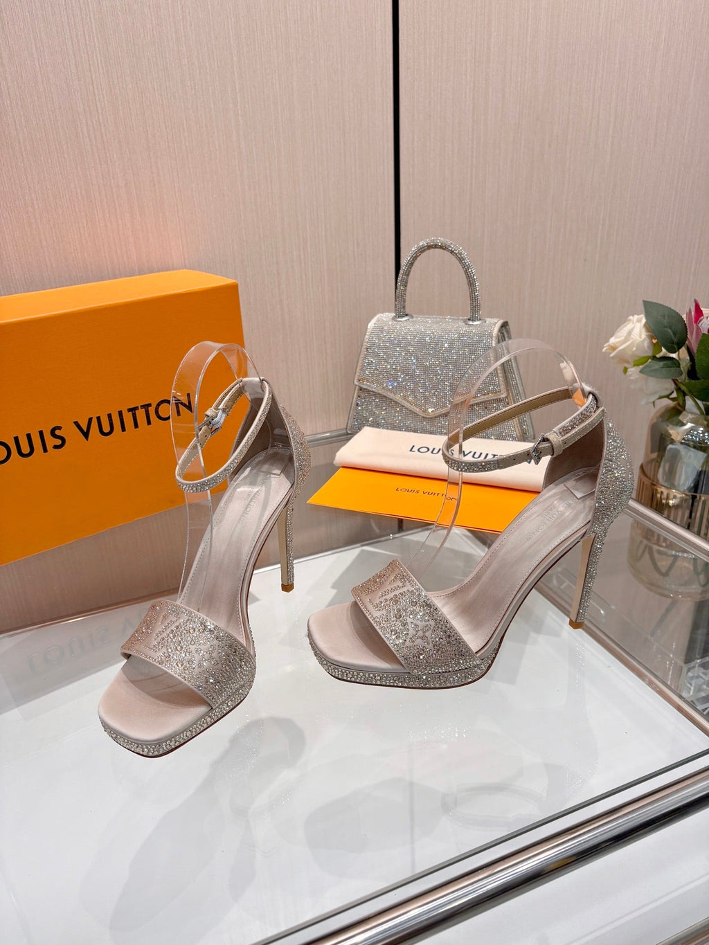 LV Gala Platform Sandal 10.5cm Light Taupe Silk 840392