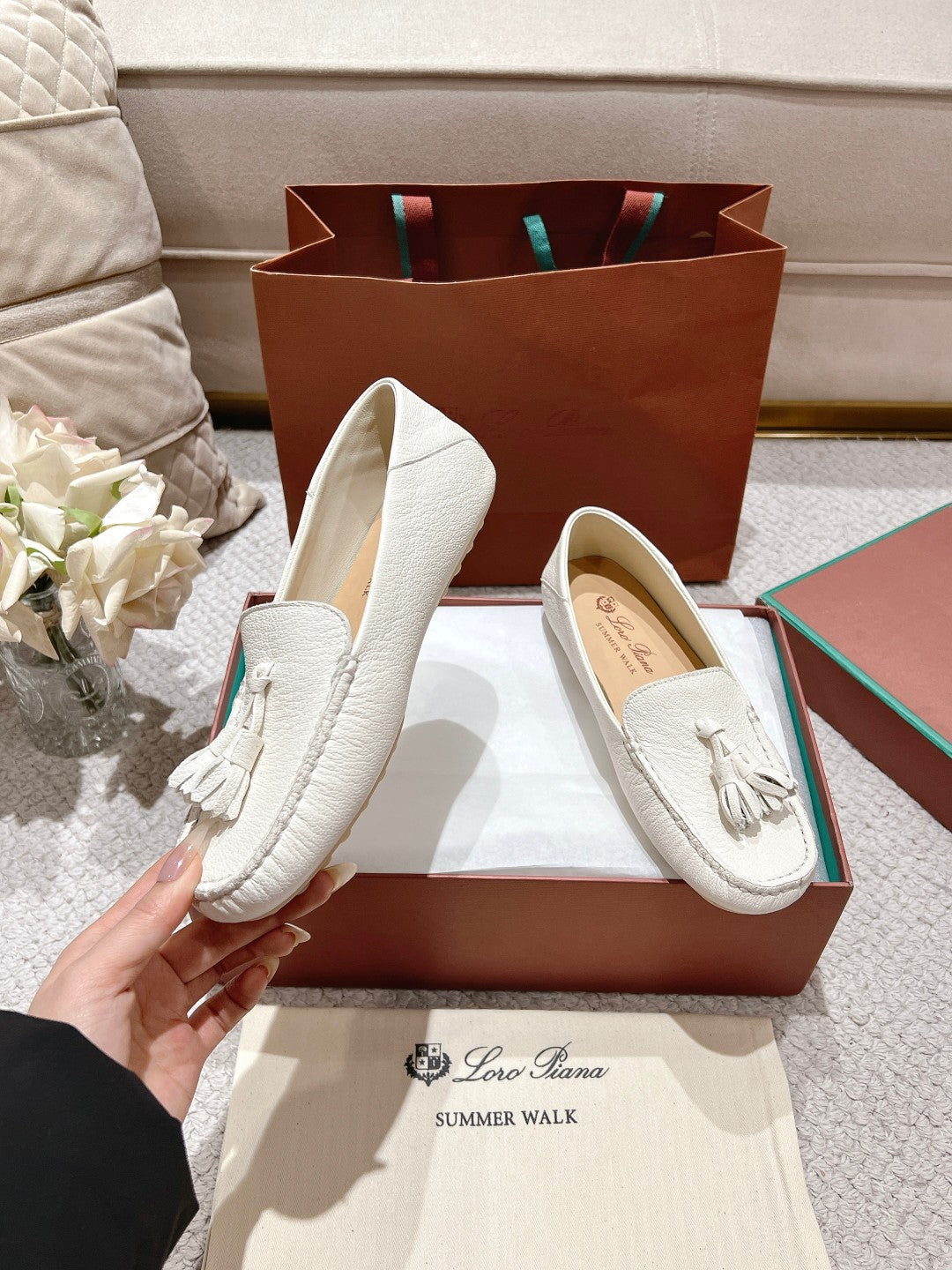 LP Dot sole walk mocassinown White Wrinkled Cowhide 215008