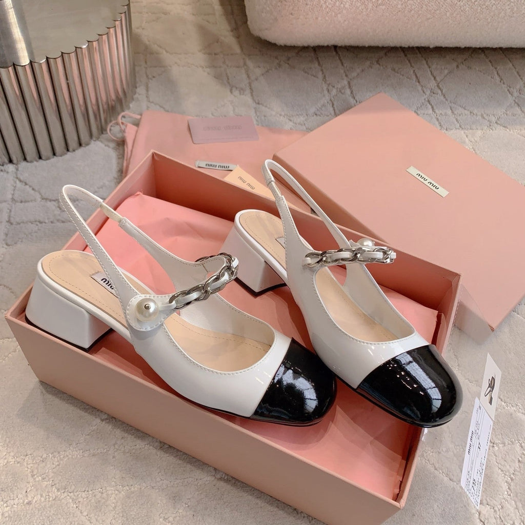 Miu Bicolor Cap-Toe Slingback Black White Patent Leather