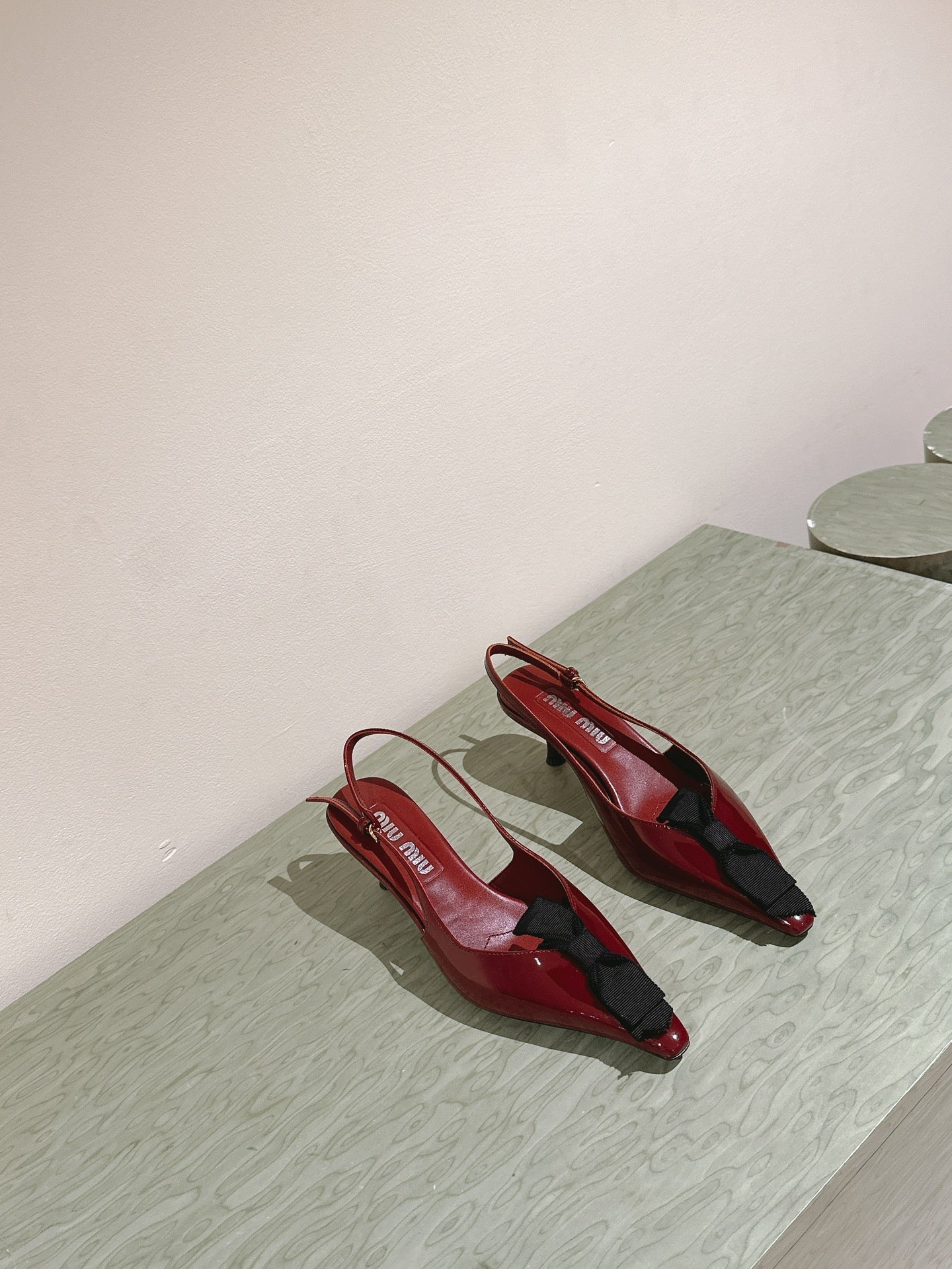 Miu x Balanc Small Bow Buckle SlingBack 45mm Burgundy Patent Leather 445863