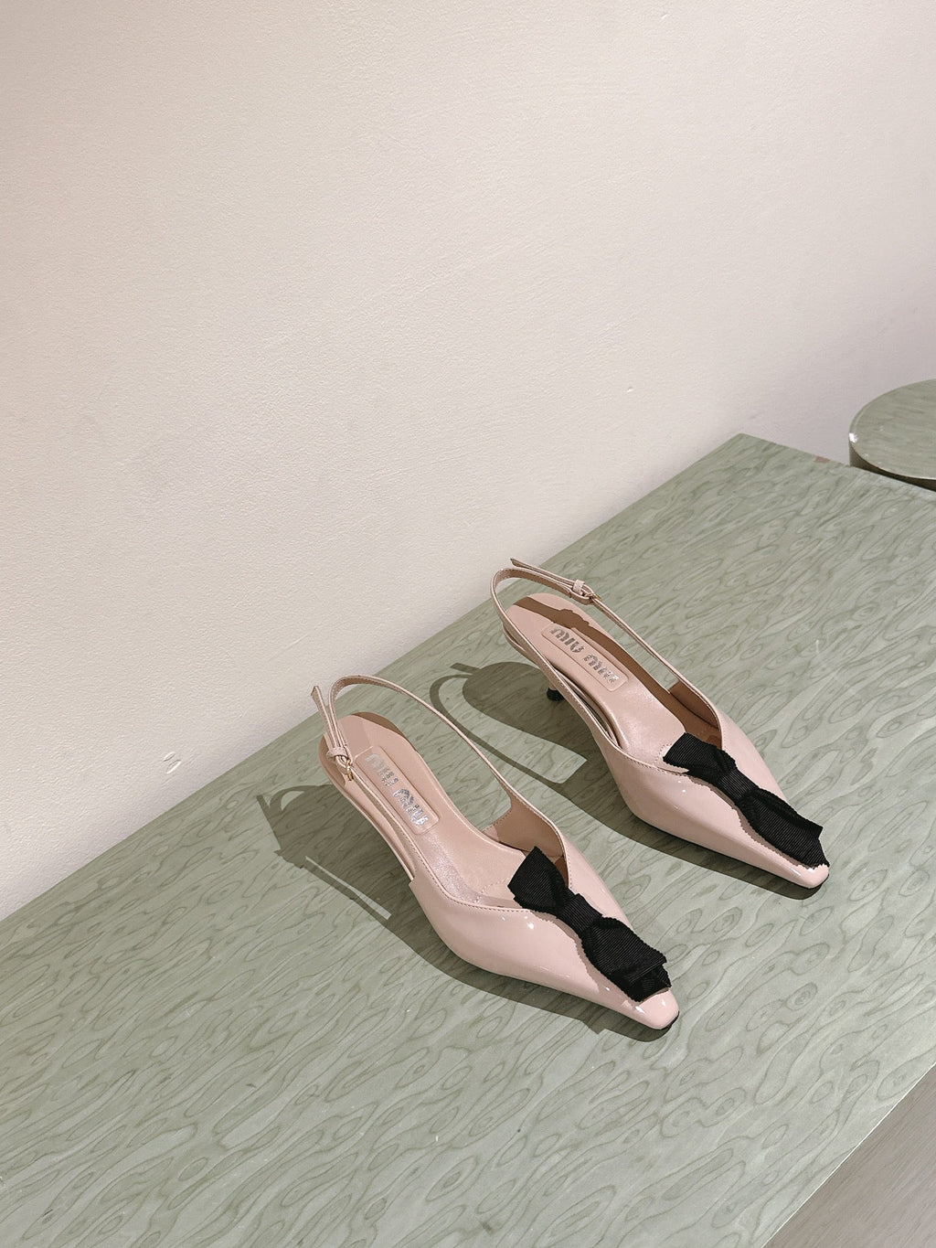 Miu x Balanc Small Bow Buckle SlingBack 45mm Beige Patent Leather 445865