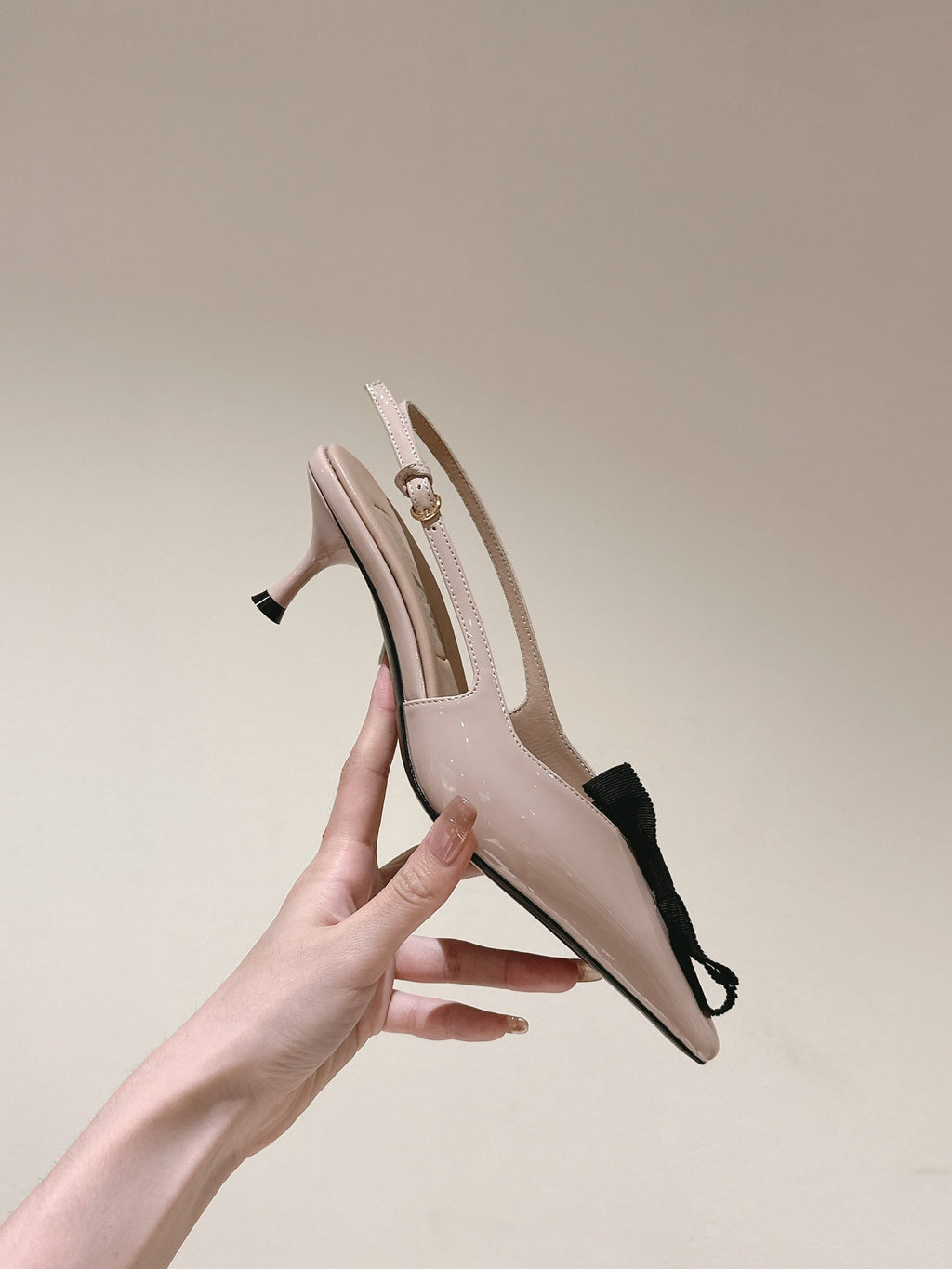 Miu x Balanc Small Bow Buckle SlingBack 45mm Beige Patent Leather 445865
