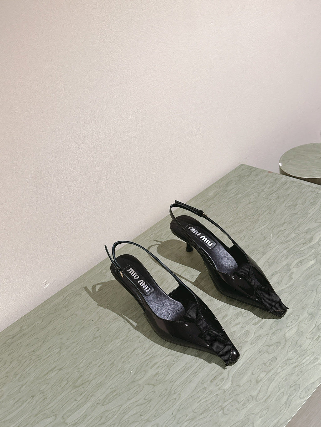 Miu x Balanc Small Bow Buckle SlingBack 45mm Black Patent Leather 445867
