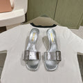 Miu x Balanc Studded Buckle Elegant Mules 45mm Sliver Patent Leather 445868