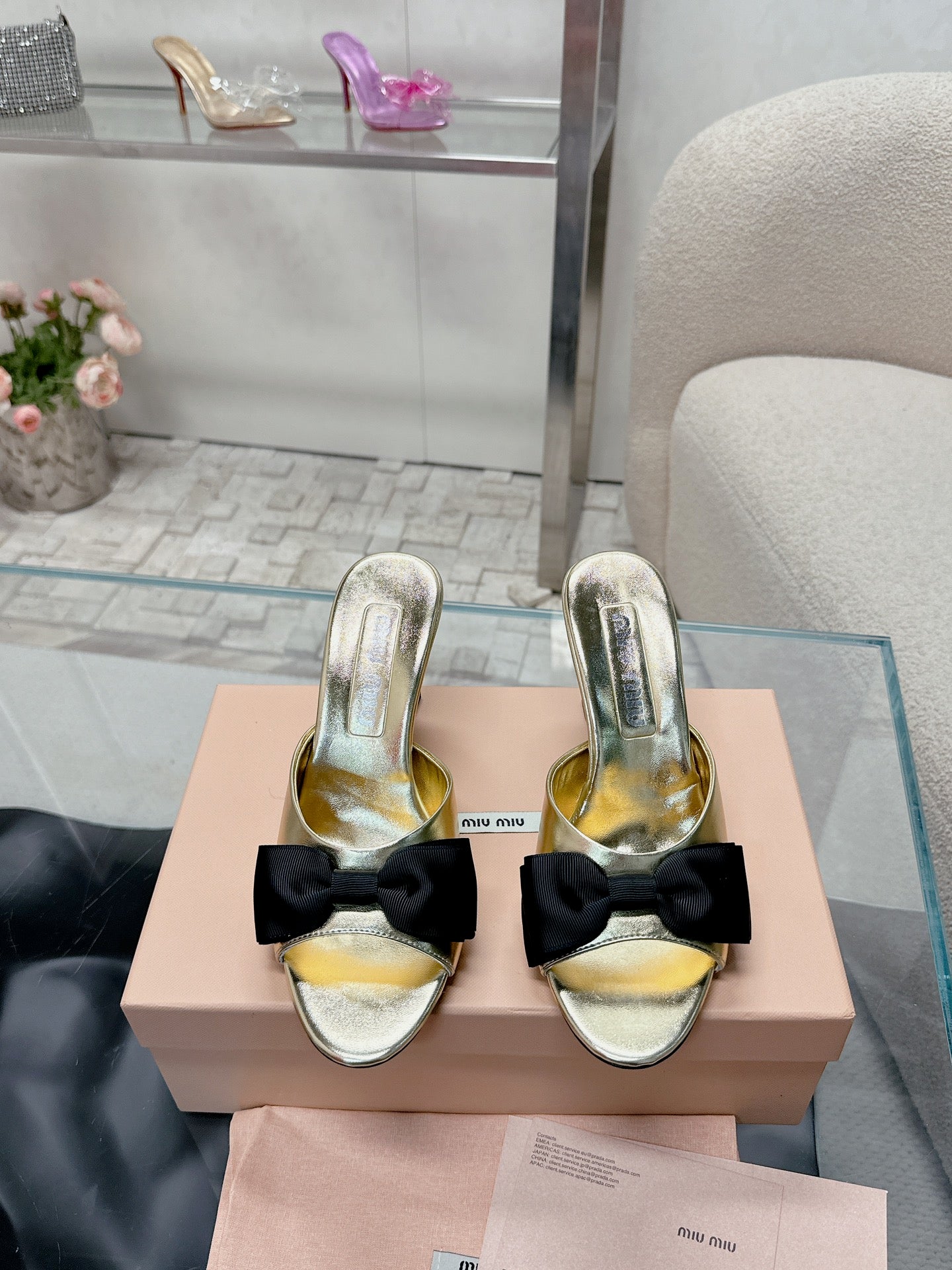 Miu Mordoré Black Bows Mules 70mm Gold Cowhide 445514