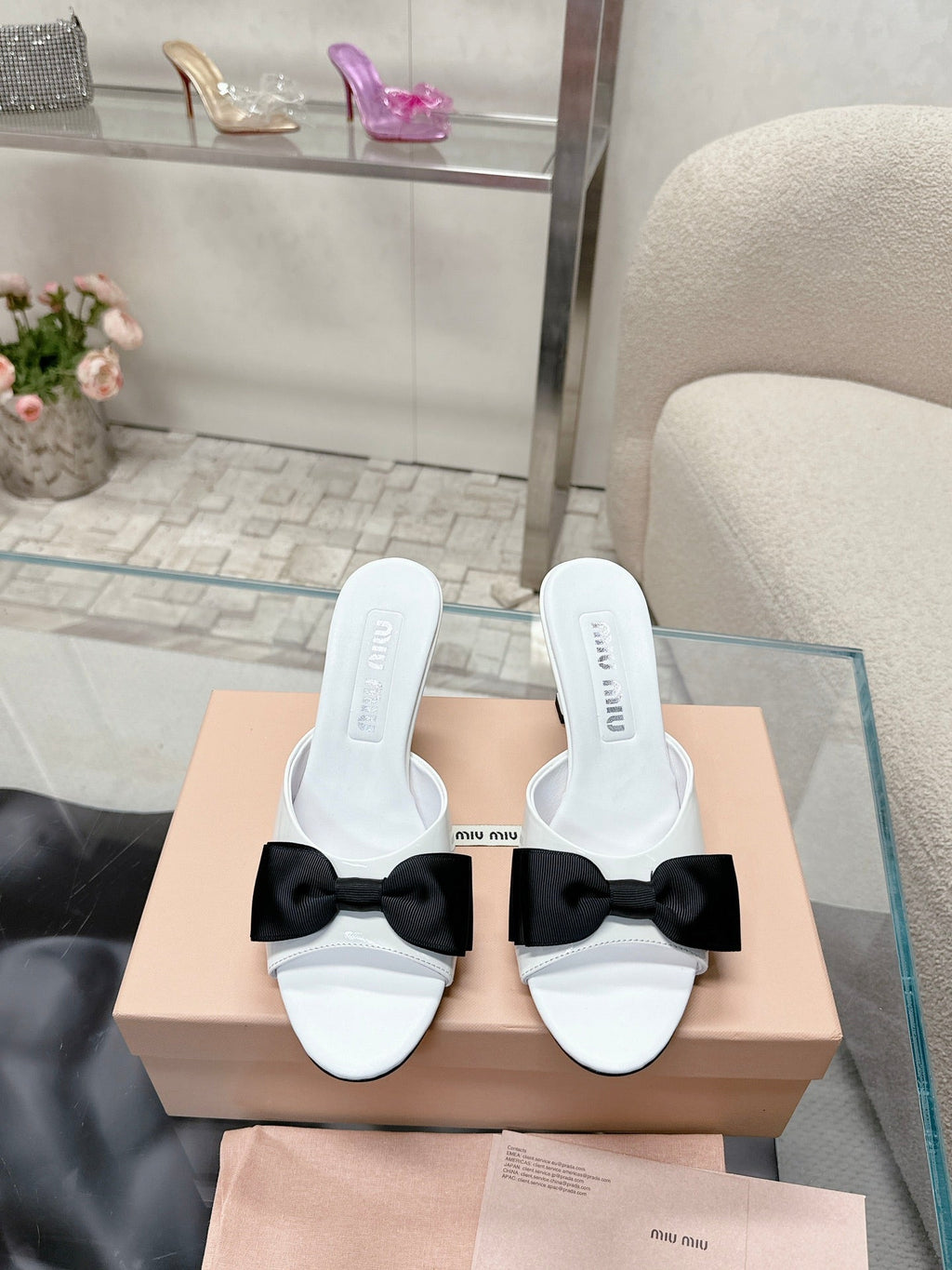 Miu Mordoré Black Bows Mules  70mm White Cowhide 445516