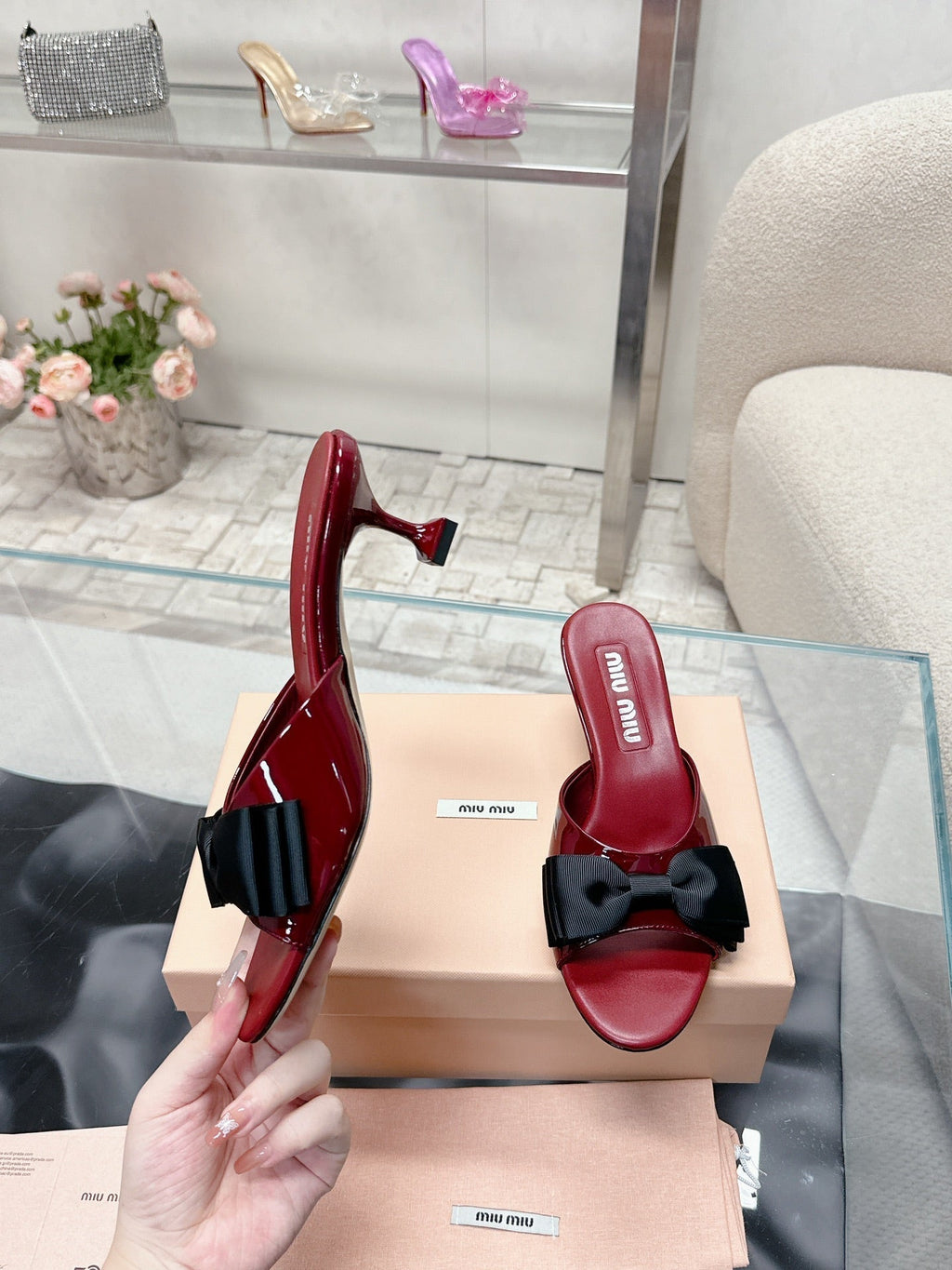 Miu Mordoré Black Bows Mules  50mm Burgundy Cowhide 445520