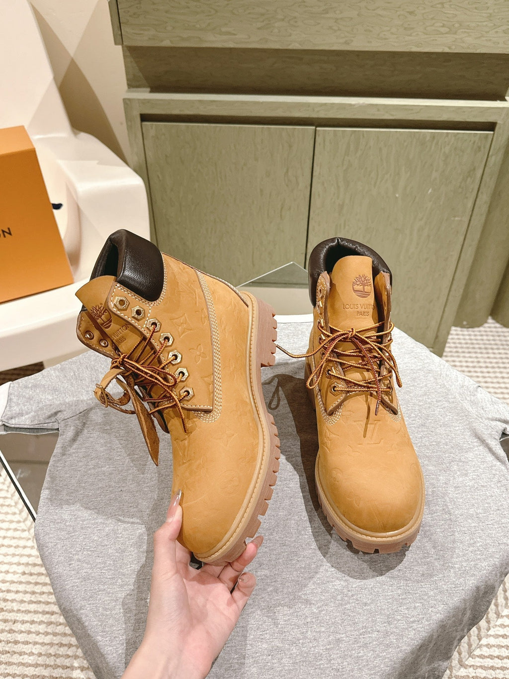 LV x Timberland 6in Ankle Boot 50mm Light Brown Monogram Embossed Suede 450426