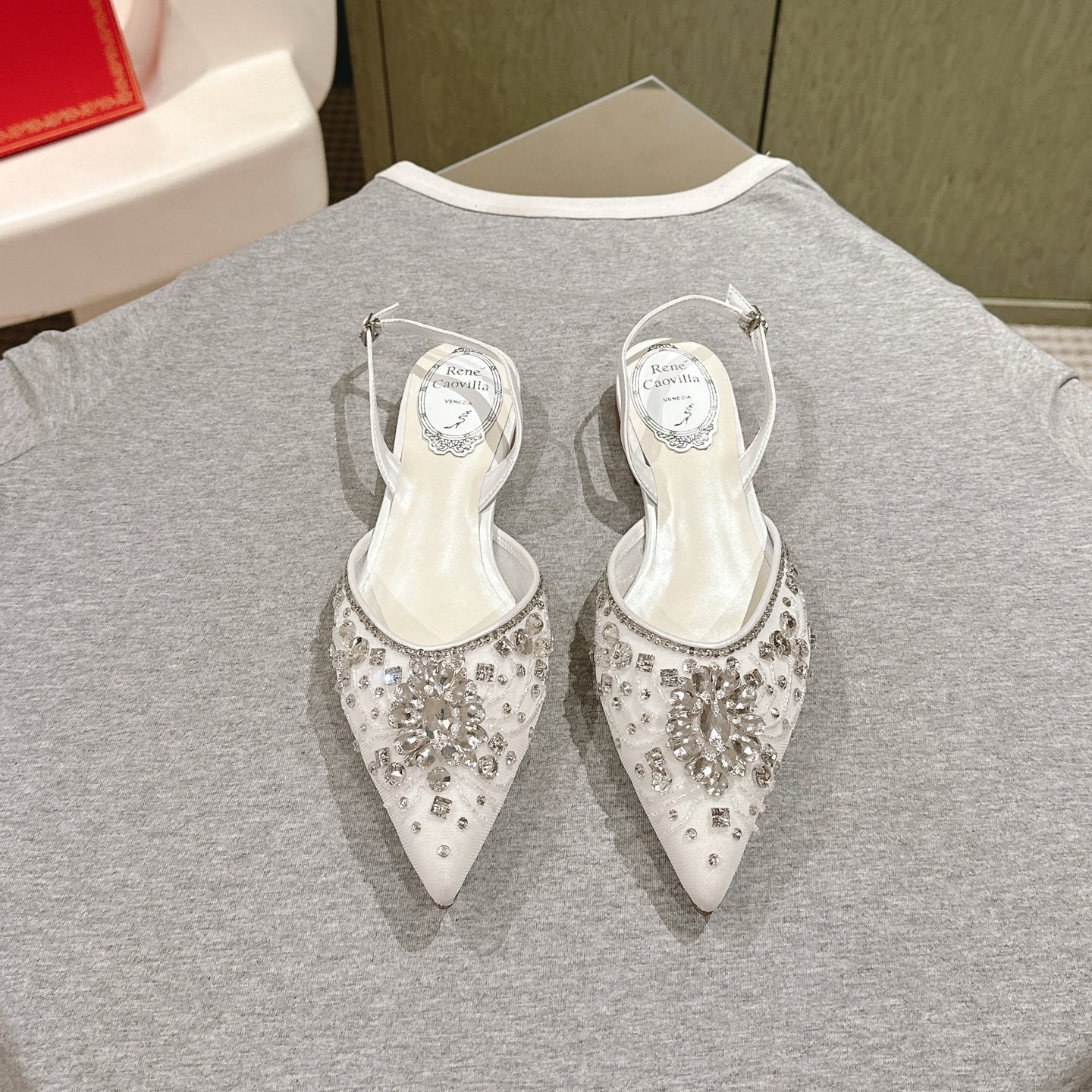 RC 25C Slingback Flat Shoe White Silk Rhinestones 268075