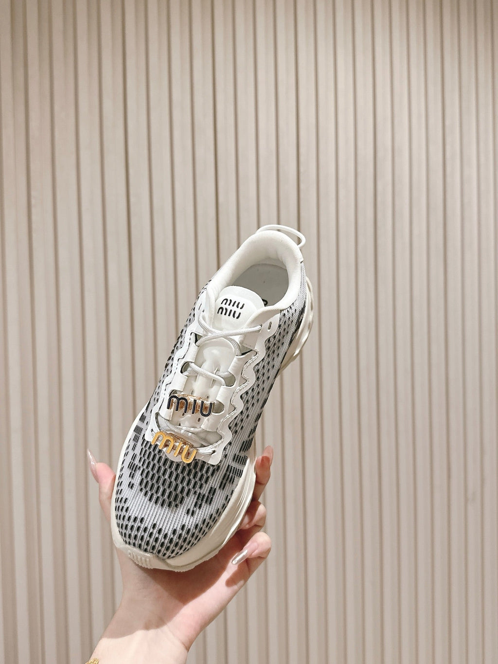Miu Technical Sneakers White Black Cowhide Fabric 445808