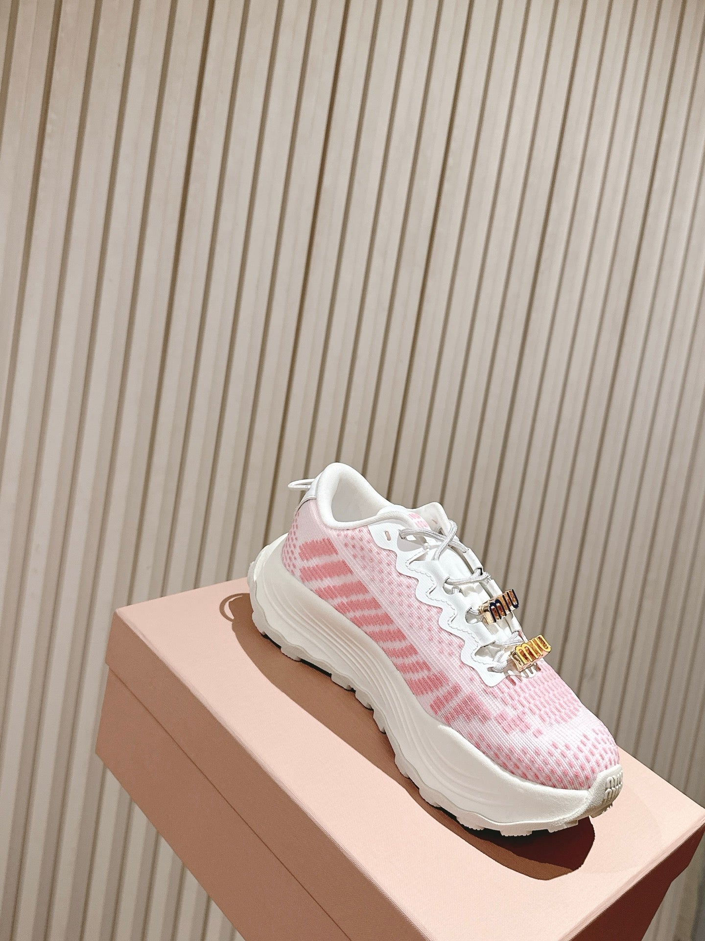 Miu Technical Sneakers White Light Pink Cowhide Fabric 445809