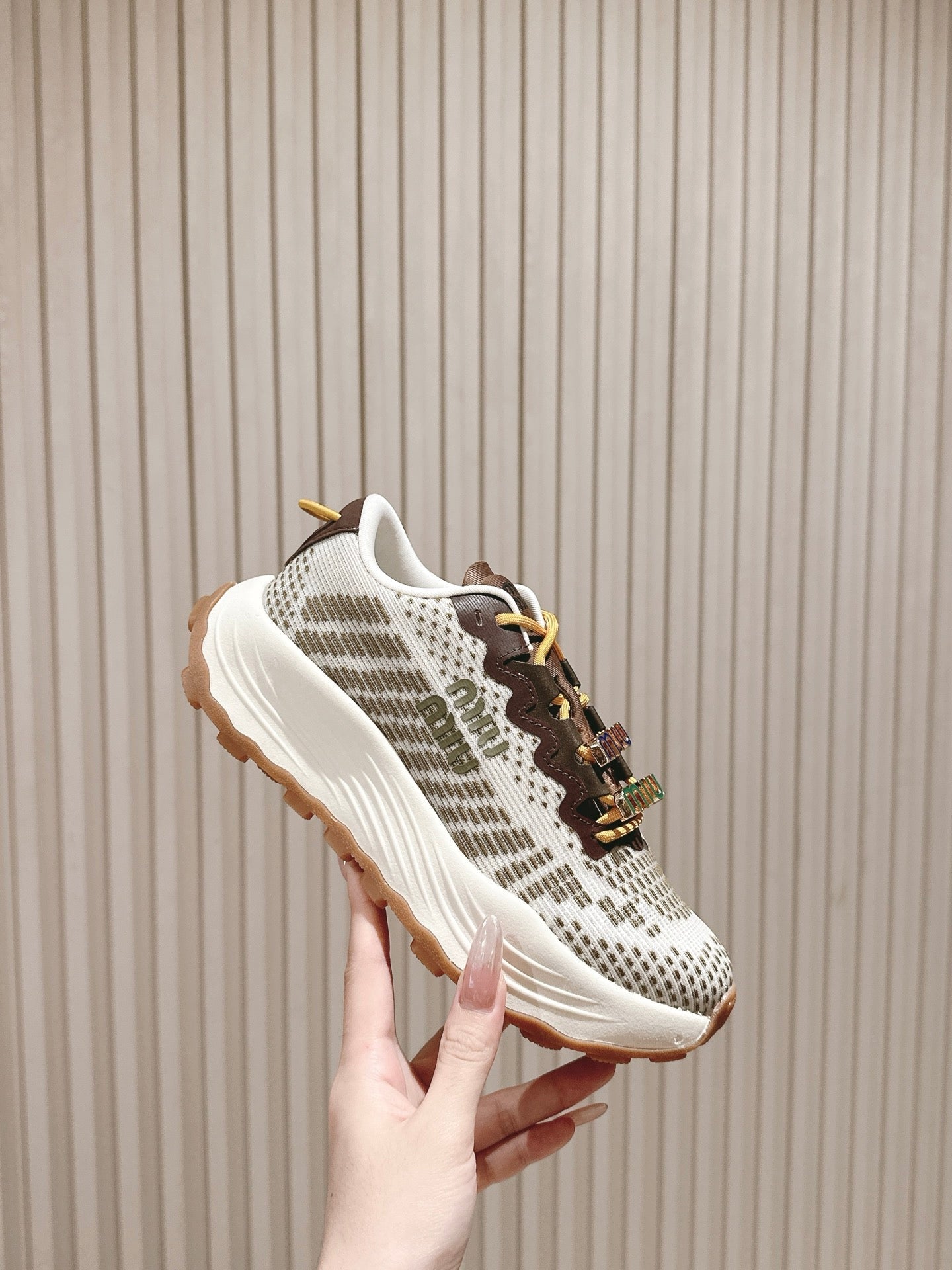 Miu Technical Sneakers White Olive Cowhide Fabric 445811