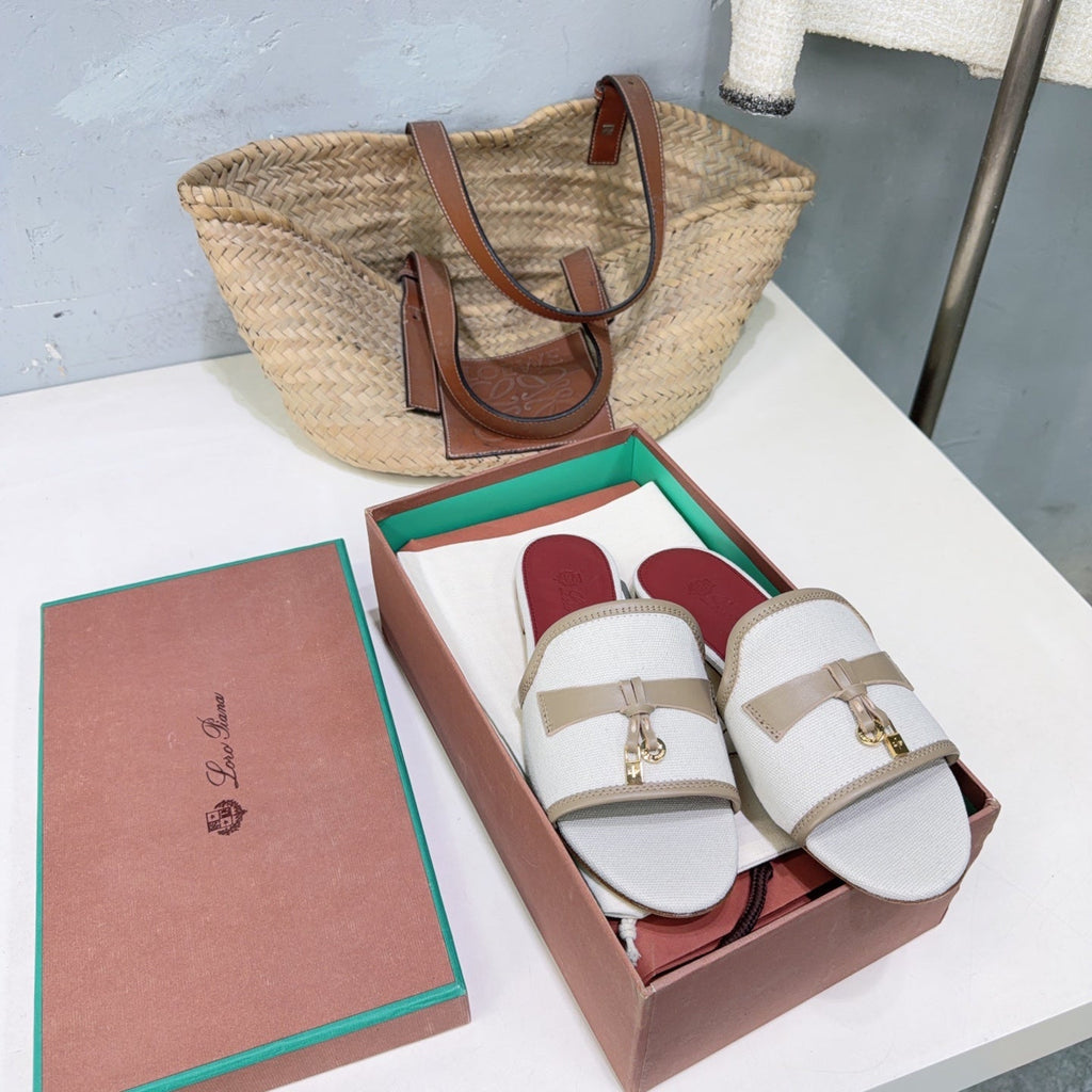 LP Summer Charms Flat Sandal White Taupe Leather Canvas 742539
