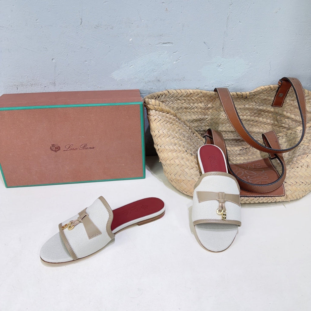 LP Summer Charms Flat Sandal White Taupe Leather Canvas 742539