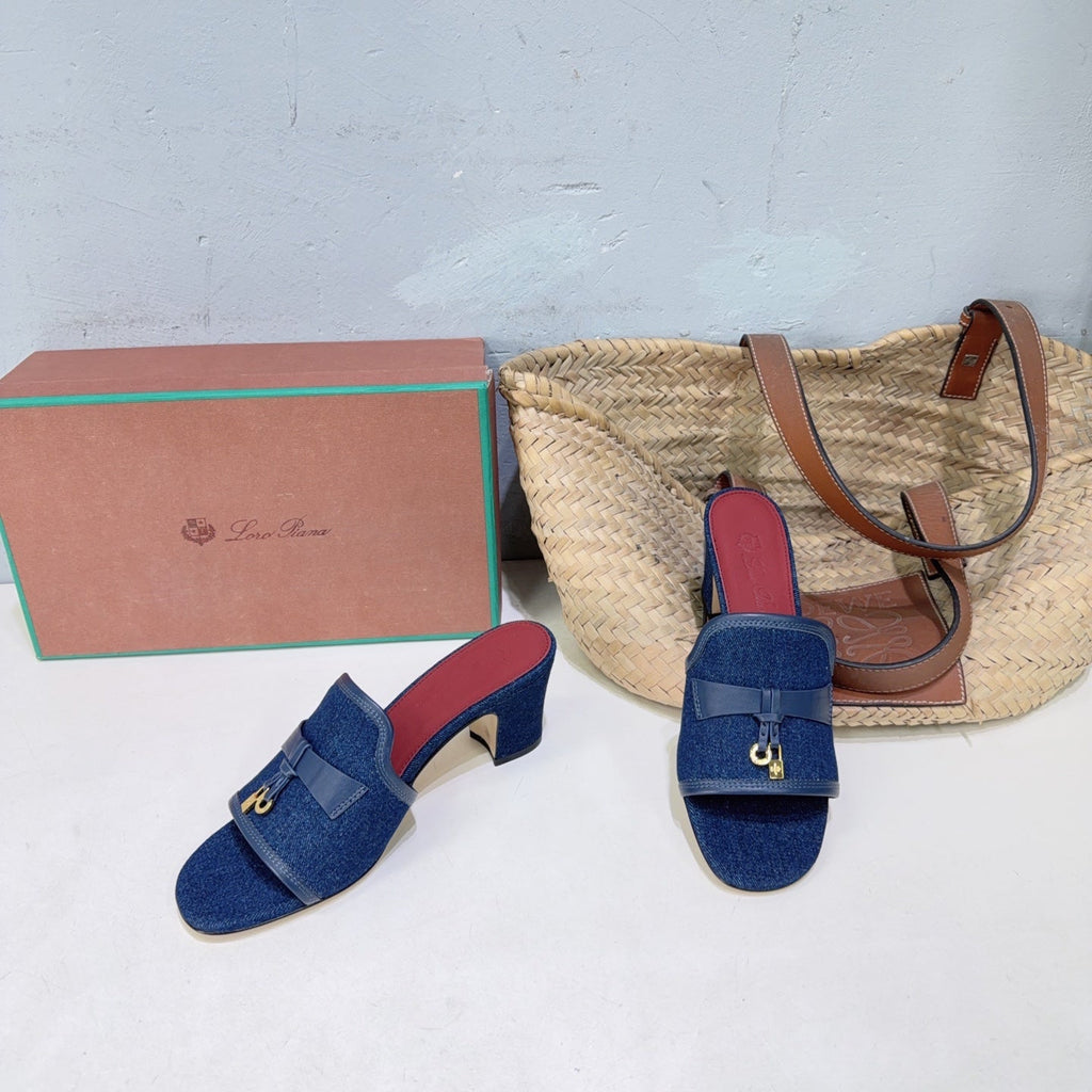 LP Summer Charms Mules 5.5cm Dark Blue Leather Canvas 742541