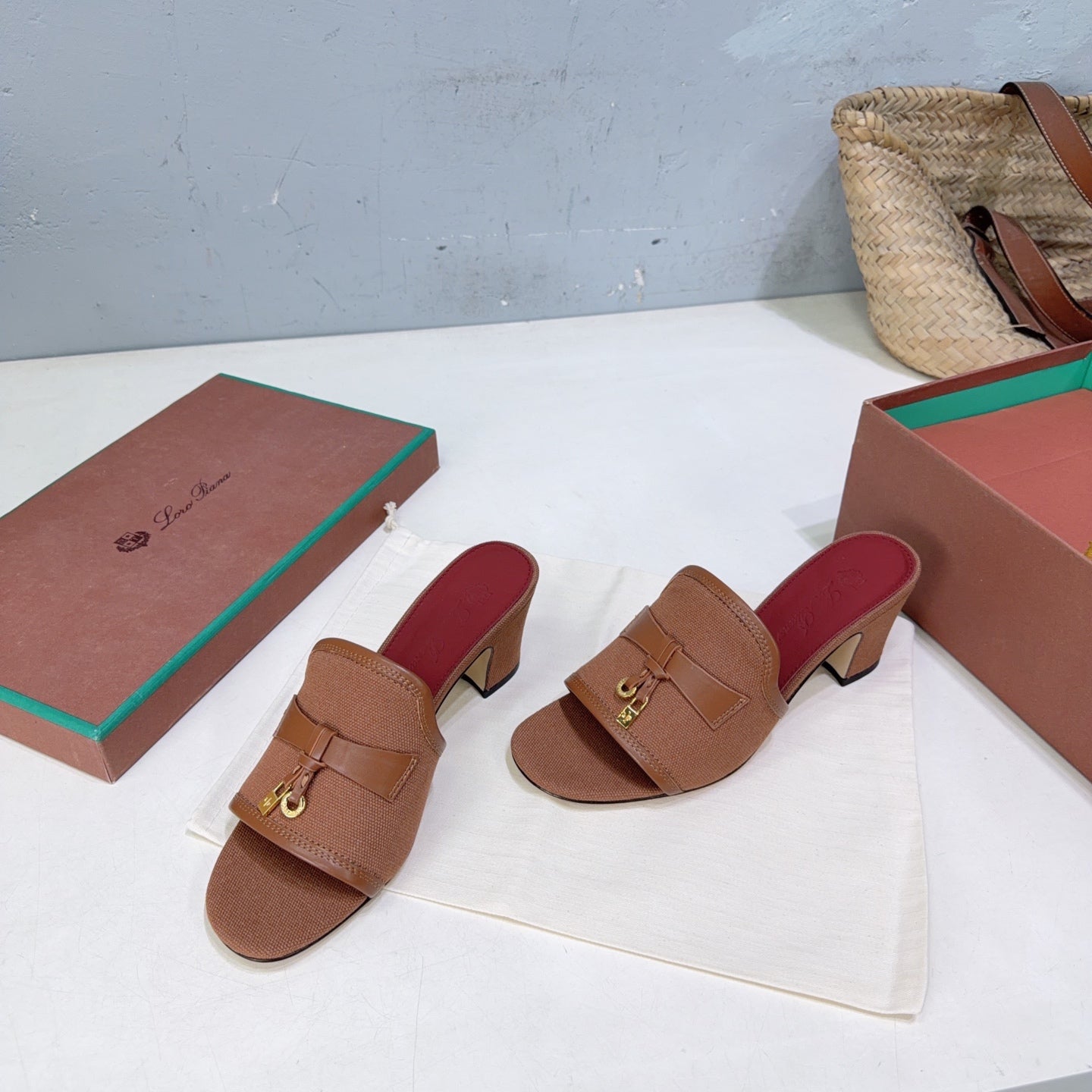 LP Summer Charms Mules 5.5cm Brown Leather Canvas 742542