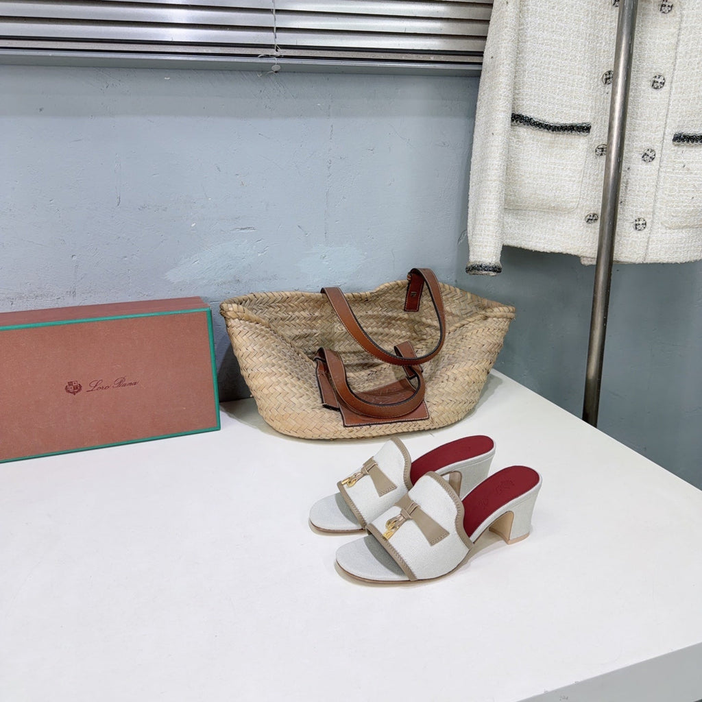 LP Summer Charms Mules 5.5cm White Taupe Leather Canvas 742543