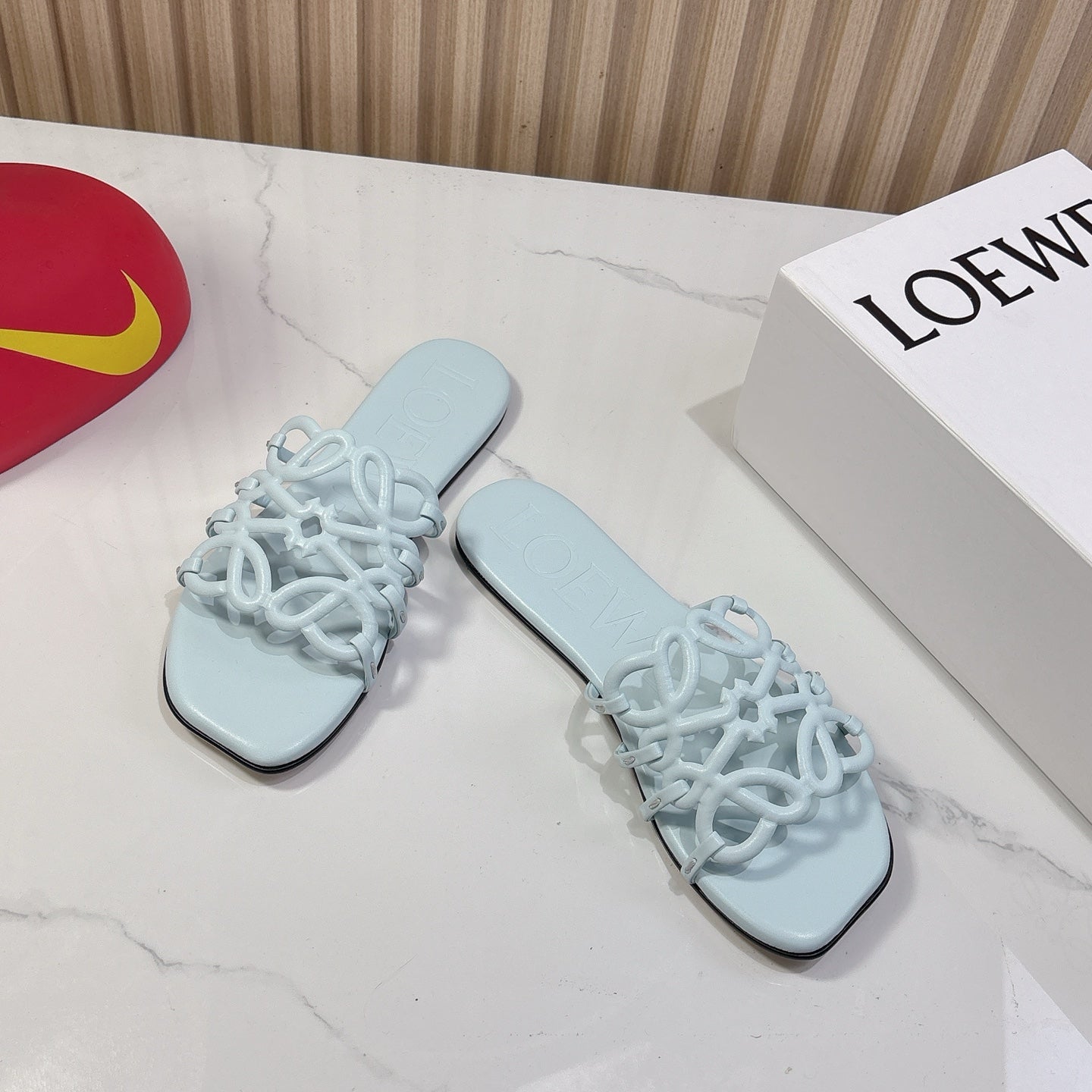 Petal Anagram Slide in Sky Blue Soft Calfskin 273743