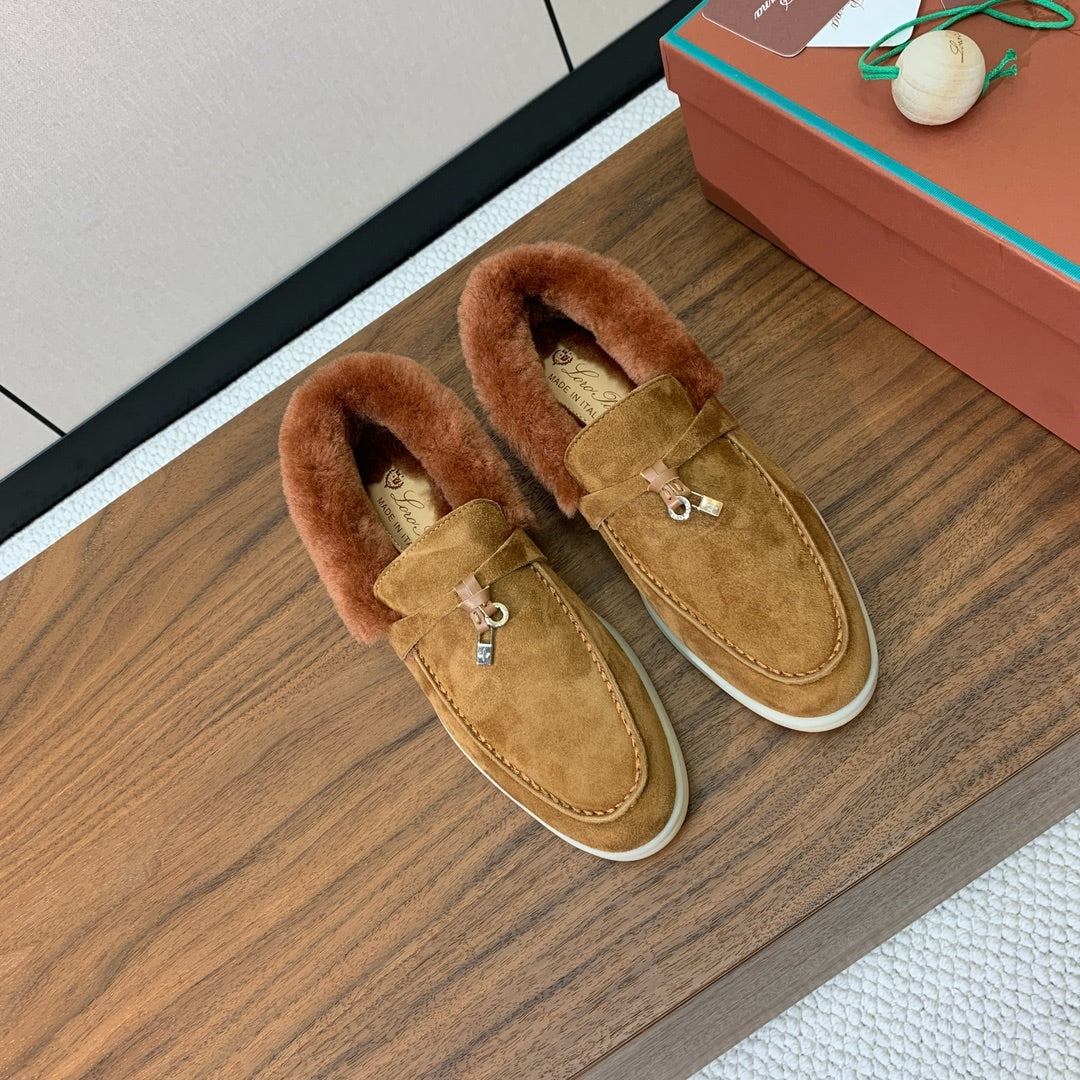 LP Summer Charms Walk Loafers Brown Suede & Tan Brown Rabbit Fur 549535