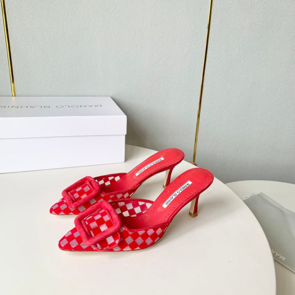 Manolo Mules Latest Checkerboard Red Fabric Leather 528007