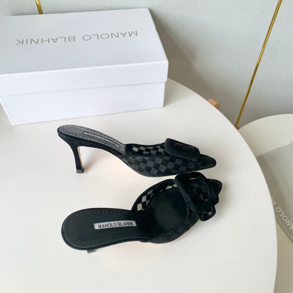 Manolo Mules Latest Checkerboard Black Fabric Leather 528010