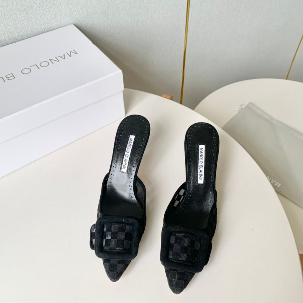 Manolo Mules Latest Checkerboard Black Fabric Leather 528010