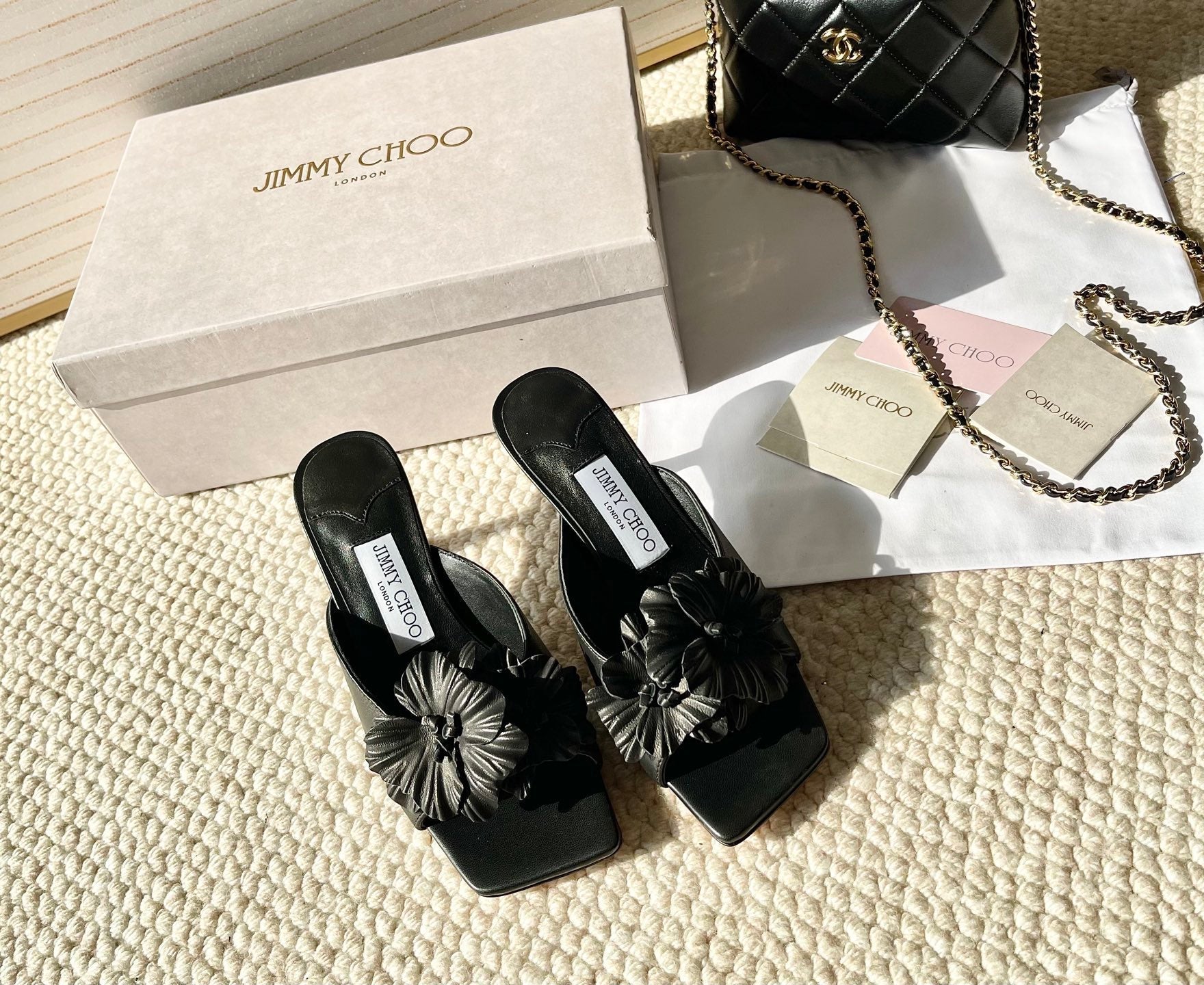 Jimmy Choo Skye Corsage Sandals Black Sheepskin 669846