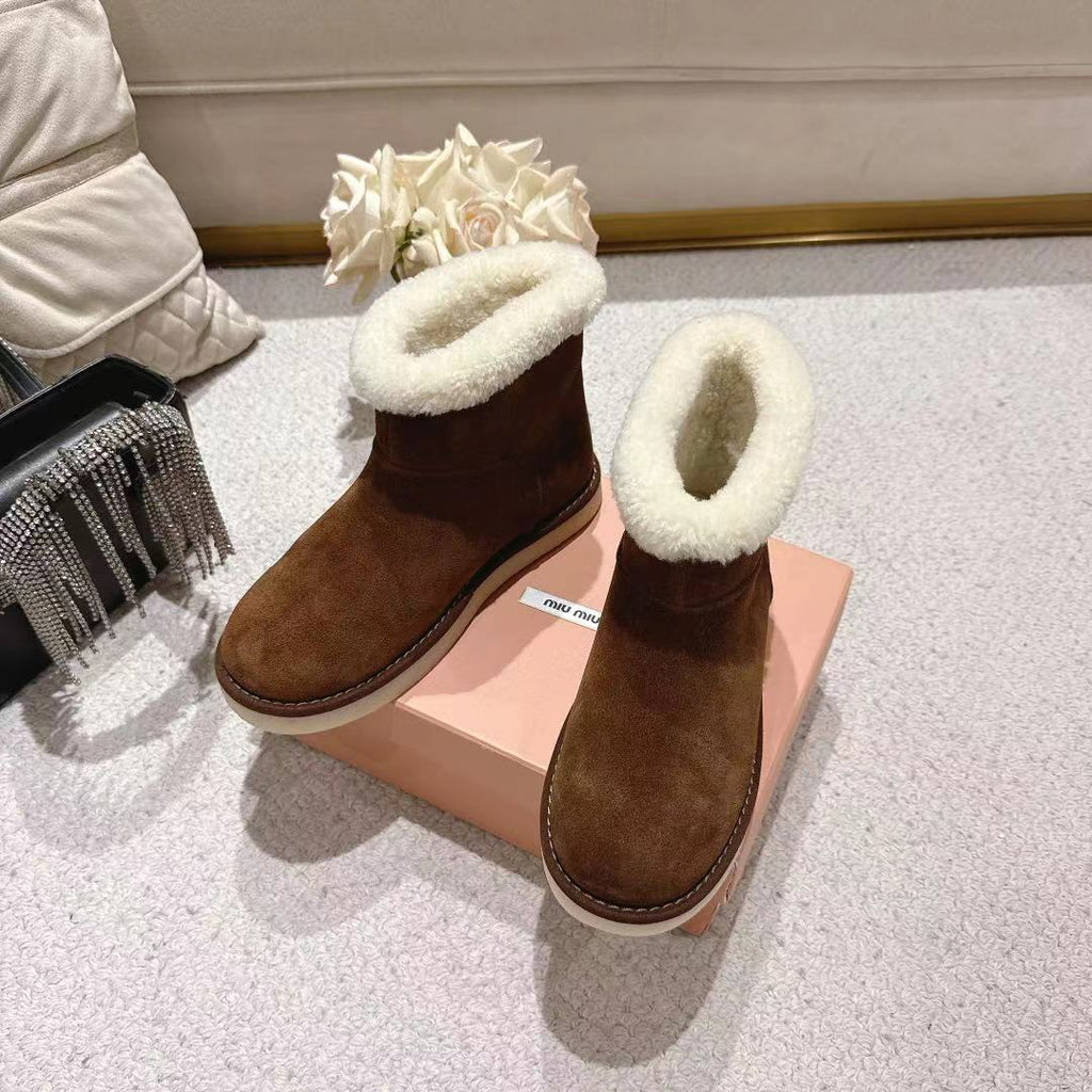 Miu Snow Boots Dark Brown Suede Shearling 455924