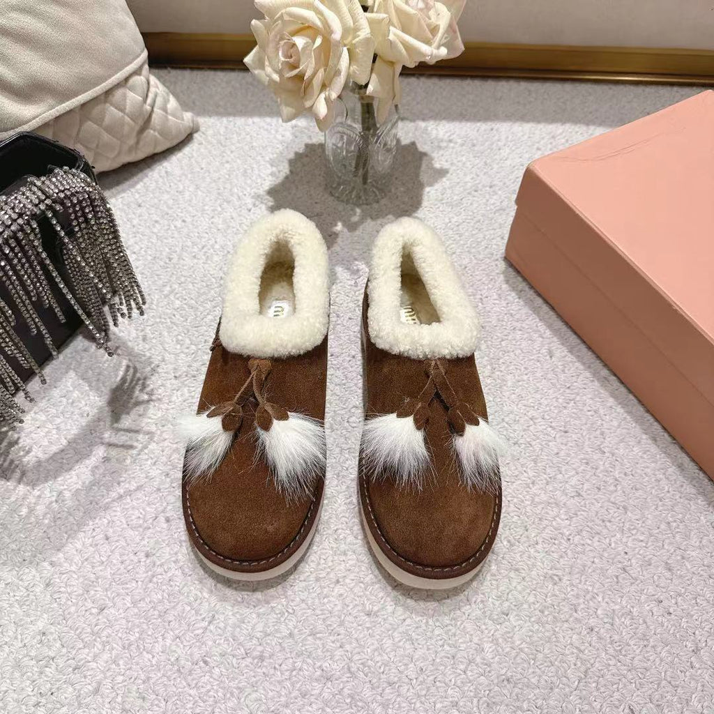 Miu Booties Dark Brown Suede Shearling-Lined with Fur Tassels 455927