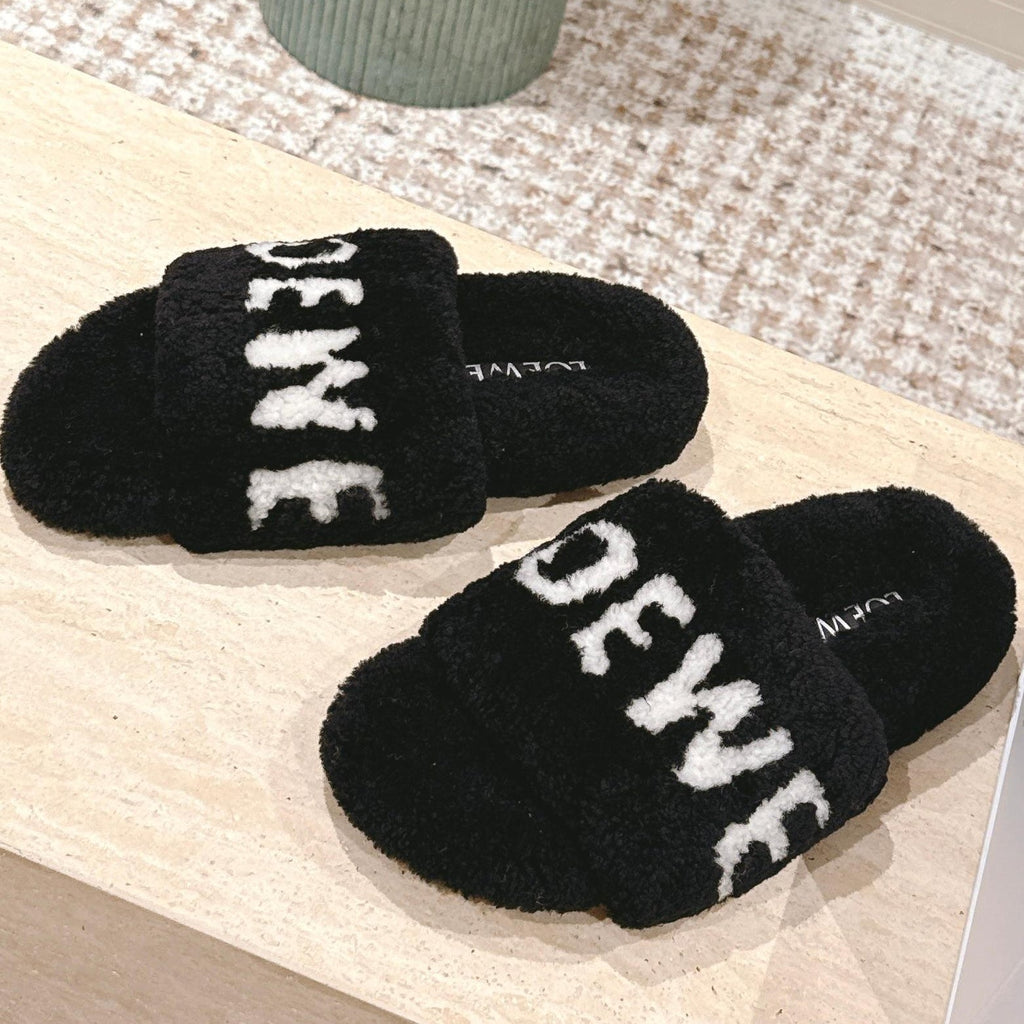 Loewe 2025 Fur Slipper Black White Wool 556016