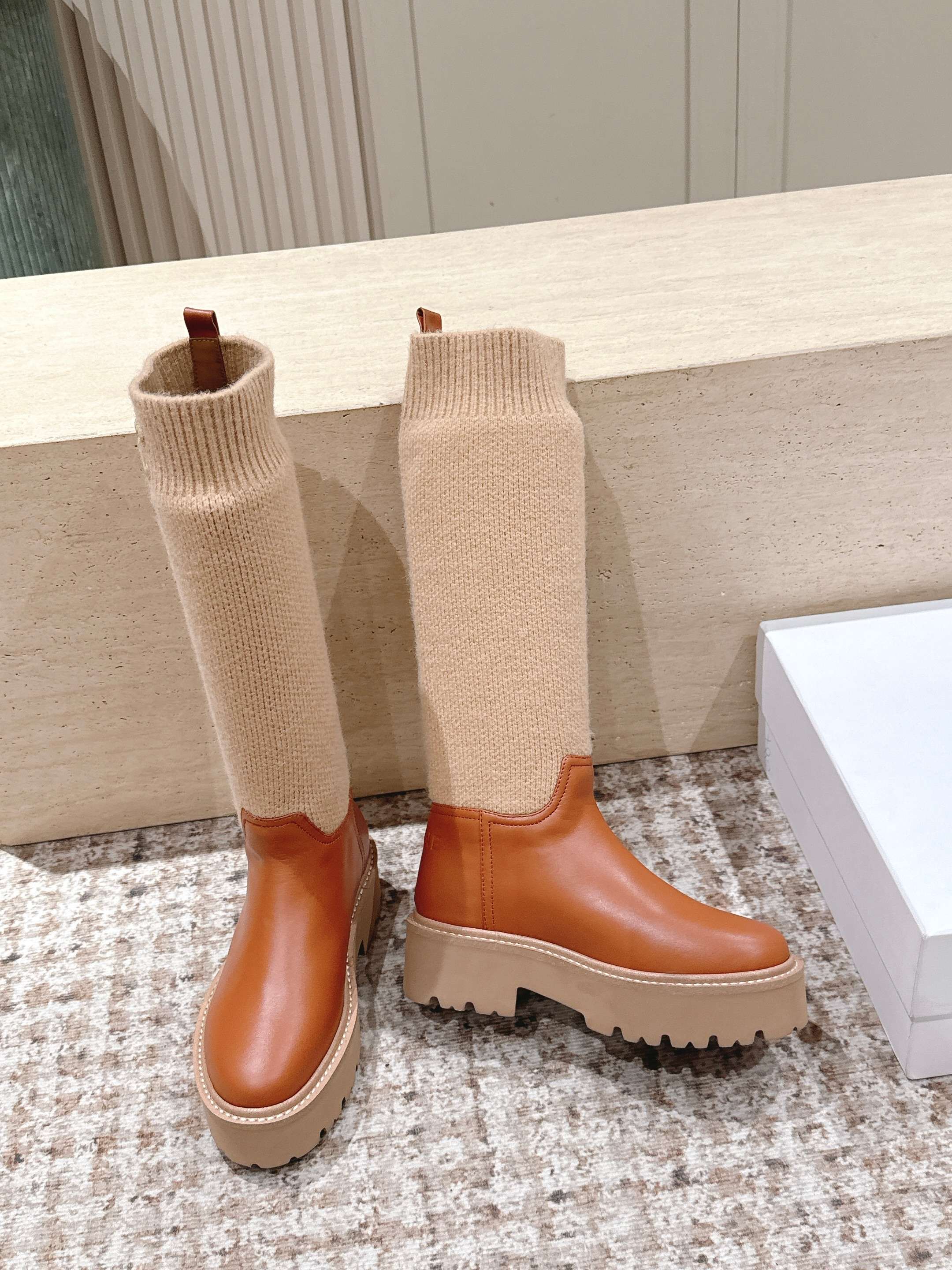 LV Celine Margaret Chelsea Boots Orange Beige Calfskin and Woolen Fabric 532985