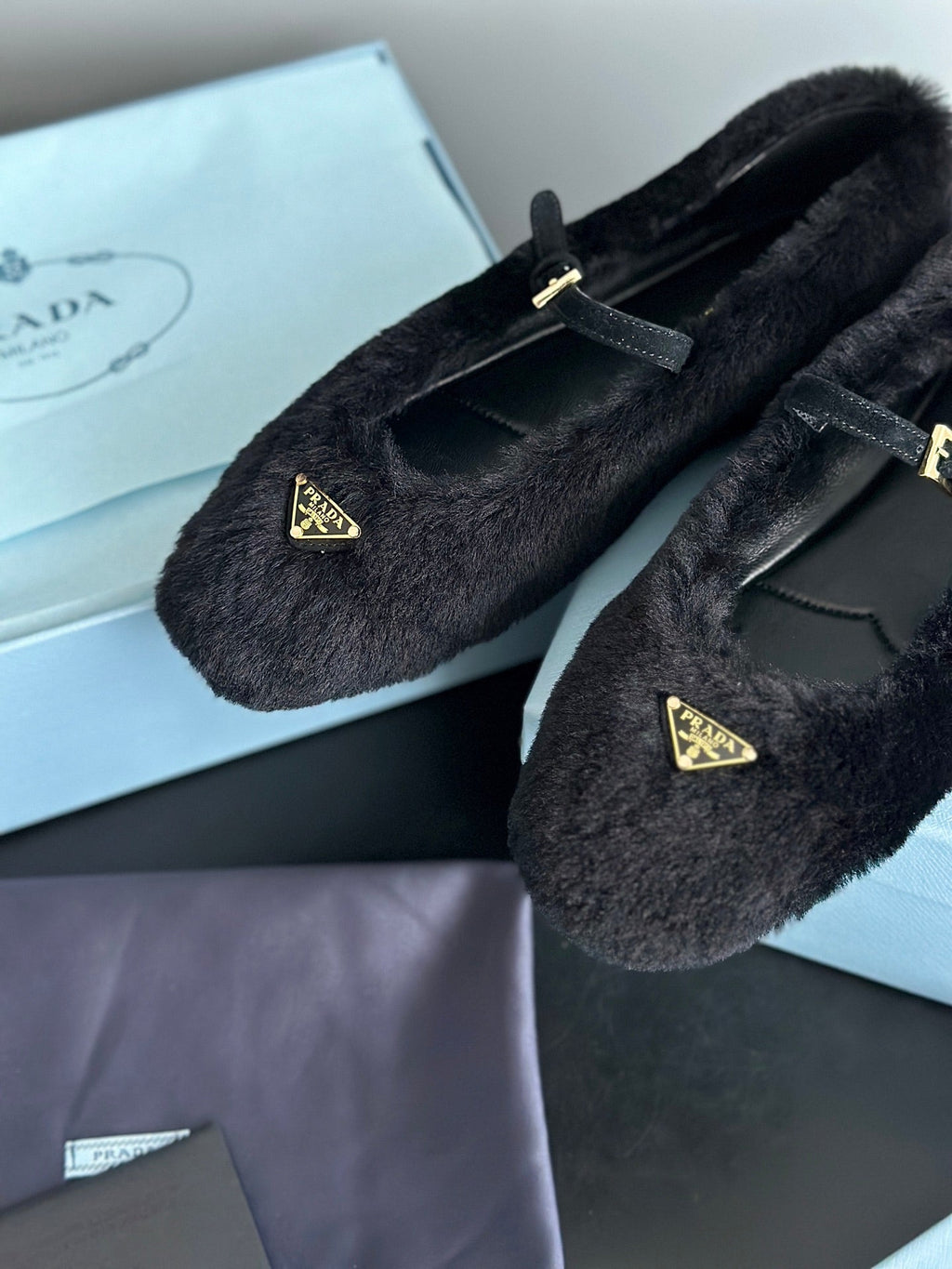 Prada 25s Mary Jane Ballet Flats Black Wool 538454