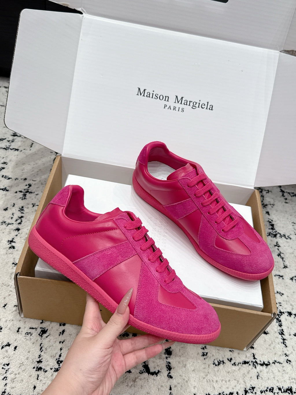 MM6 Replica Casual Sneaker Hot Pink Sheepskin Suede 881189